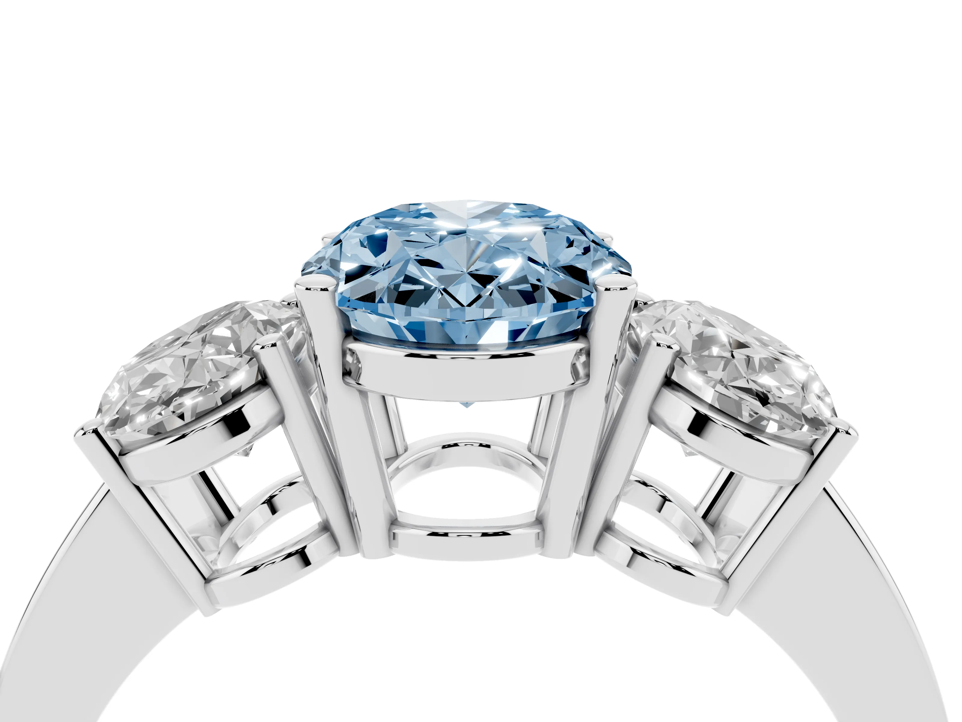Fancy Blue Oval Cut Diamond Three-Stone Engagement Ring Set in Platinum with Flat Band