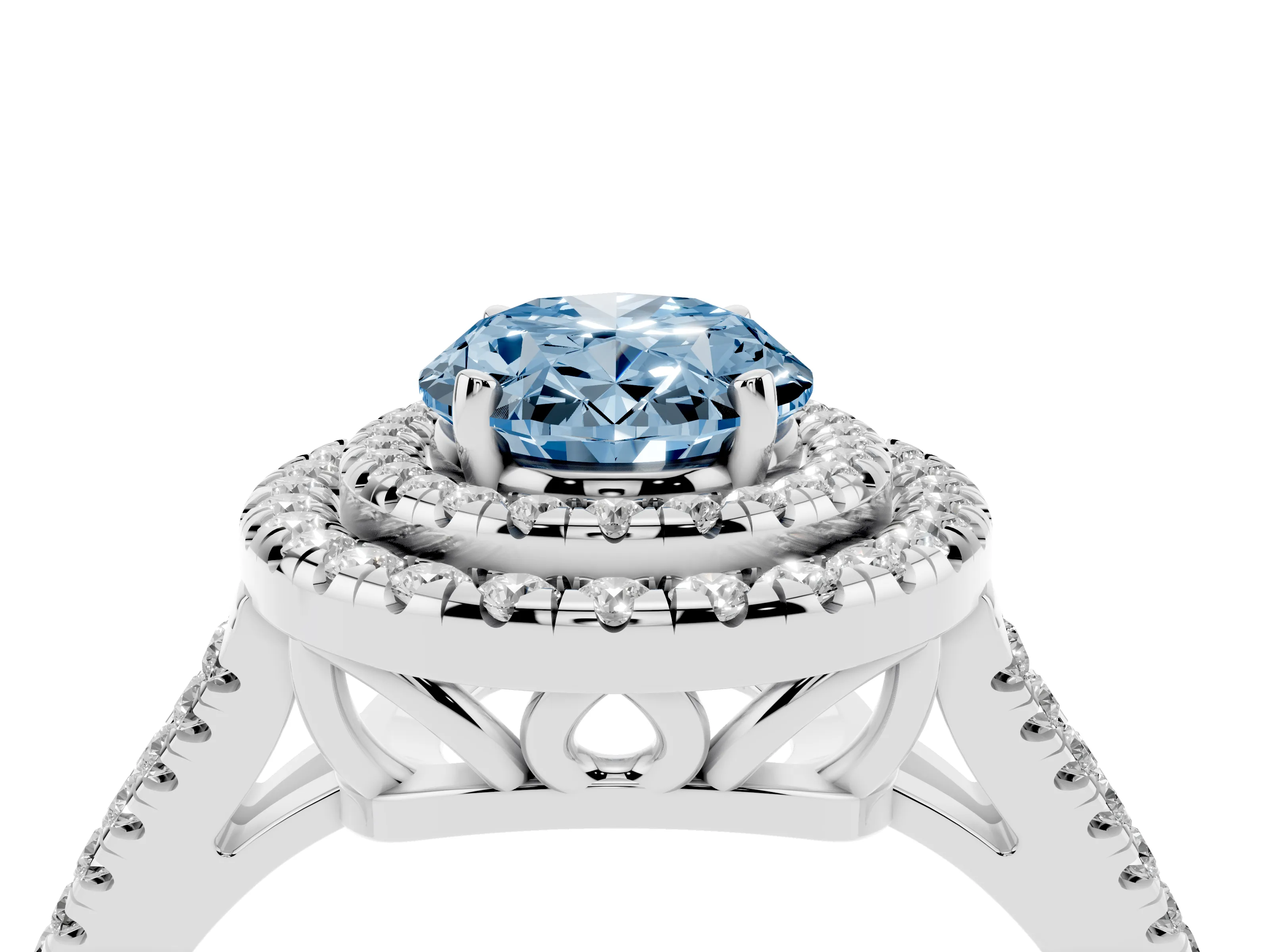 Fancy Blue Oval Cut Diamond Double Halo Ring Set in Platinum with Pavé Band