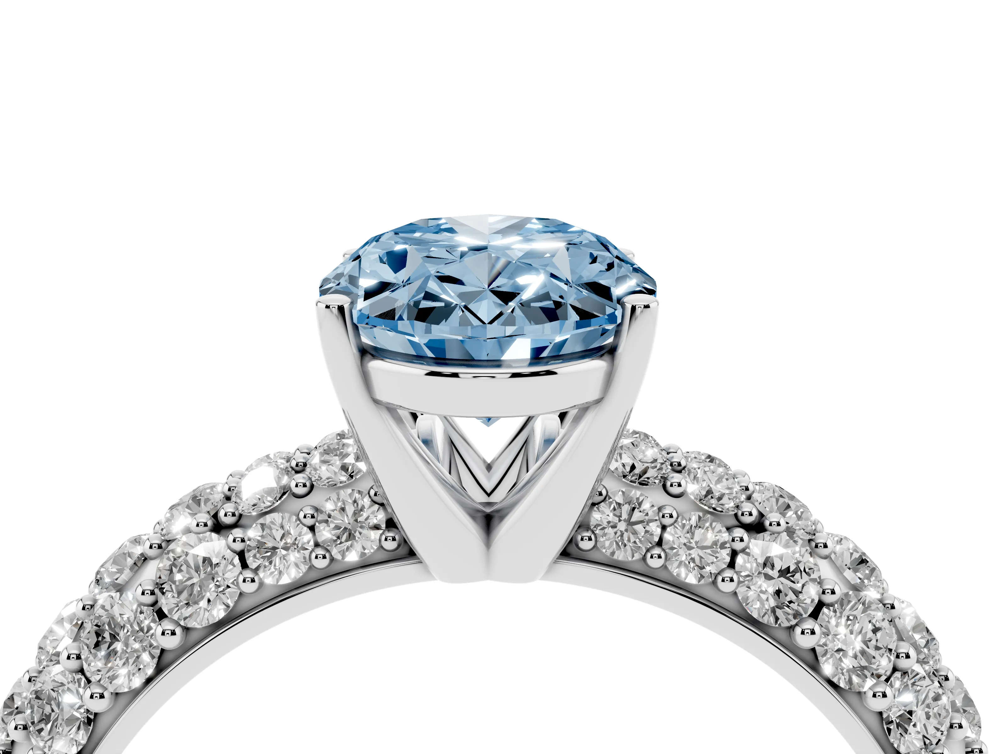 Fancy Blue Oval Cut Diamond Pavé Band Solitaire Ring Set in Platinum with Close-Set Accent Stones and Prong Setting