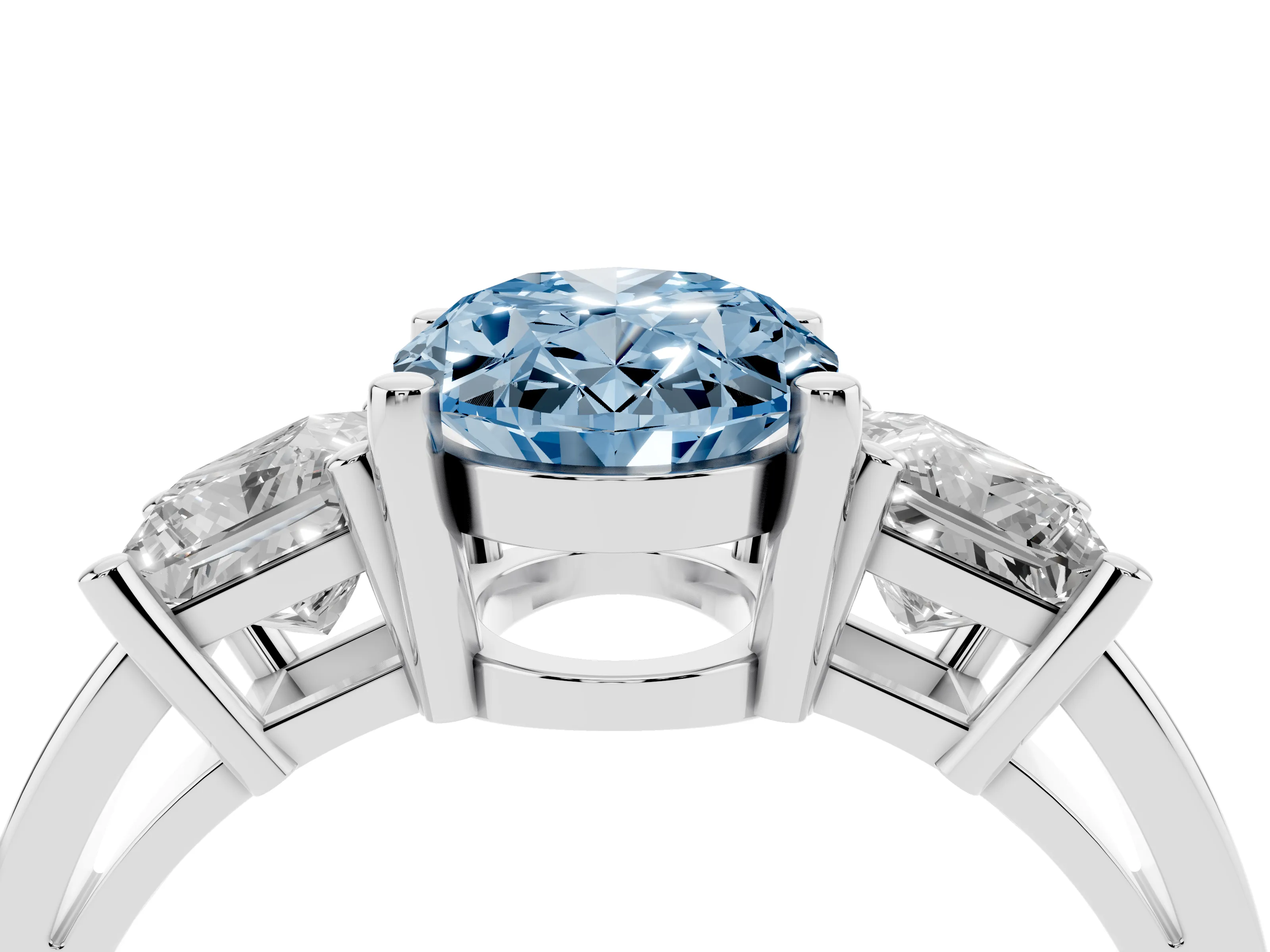 Fancy Blue Three-Stone Oval Cut Diamond Solitaire Ring Set in Platinum with Prong Setting