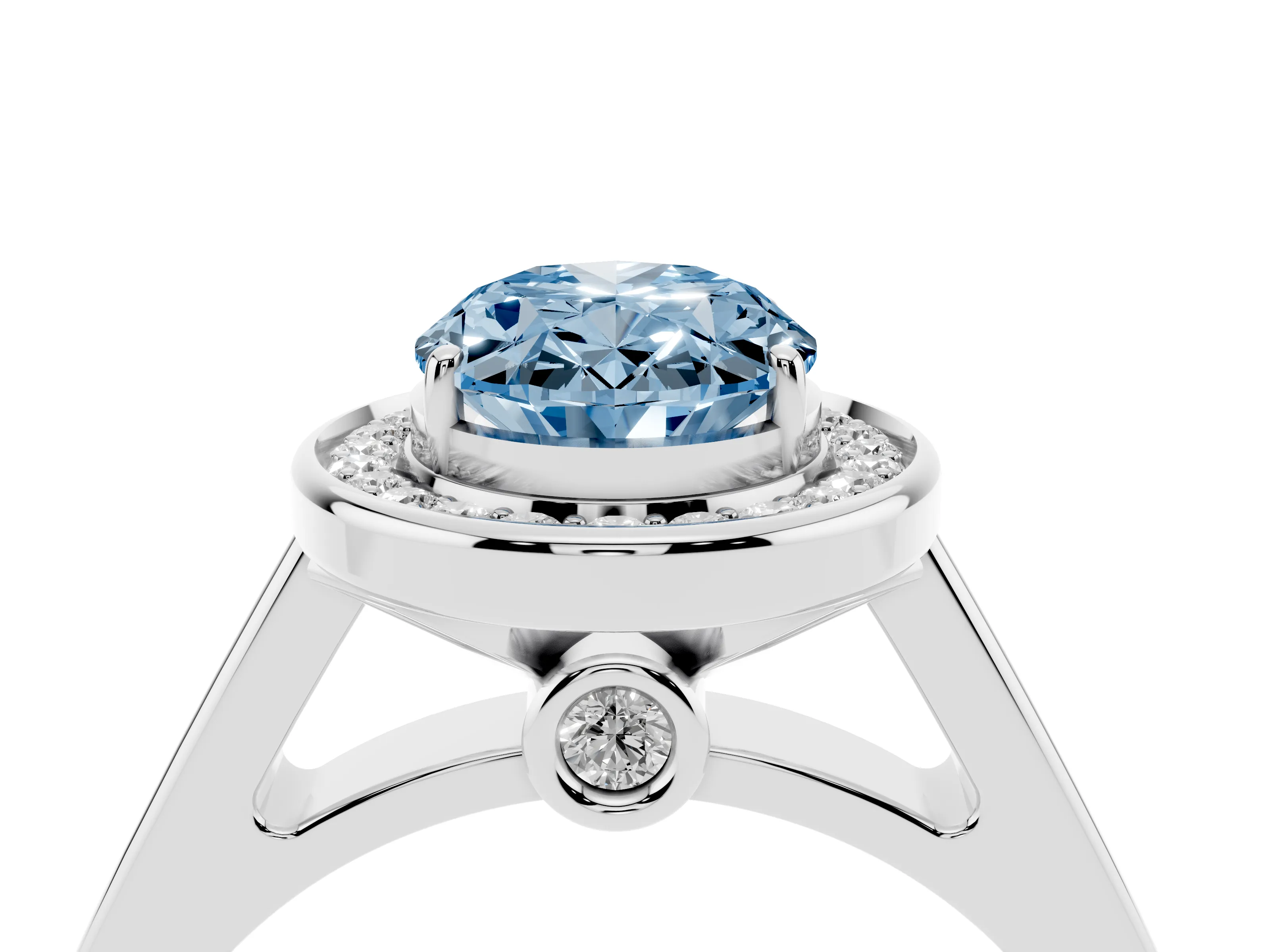 Fancy Blue Oval Cut Diamond Halo Solitaire Ring Set in Silver with Pavé Band and Bezel Setting