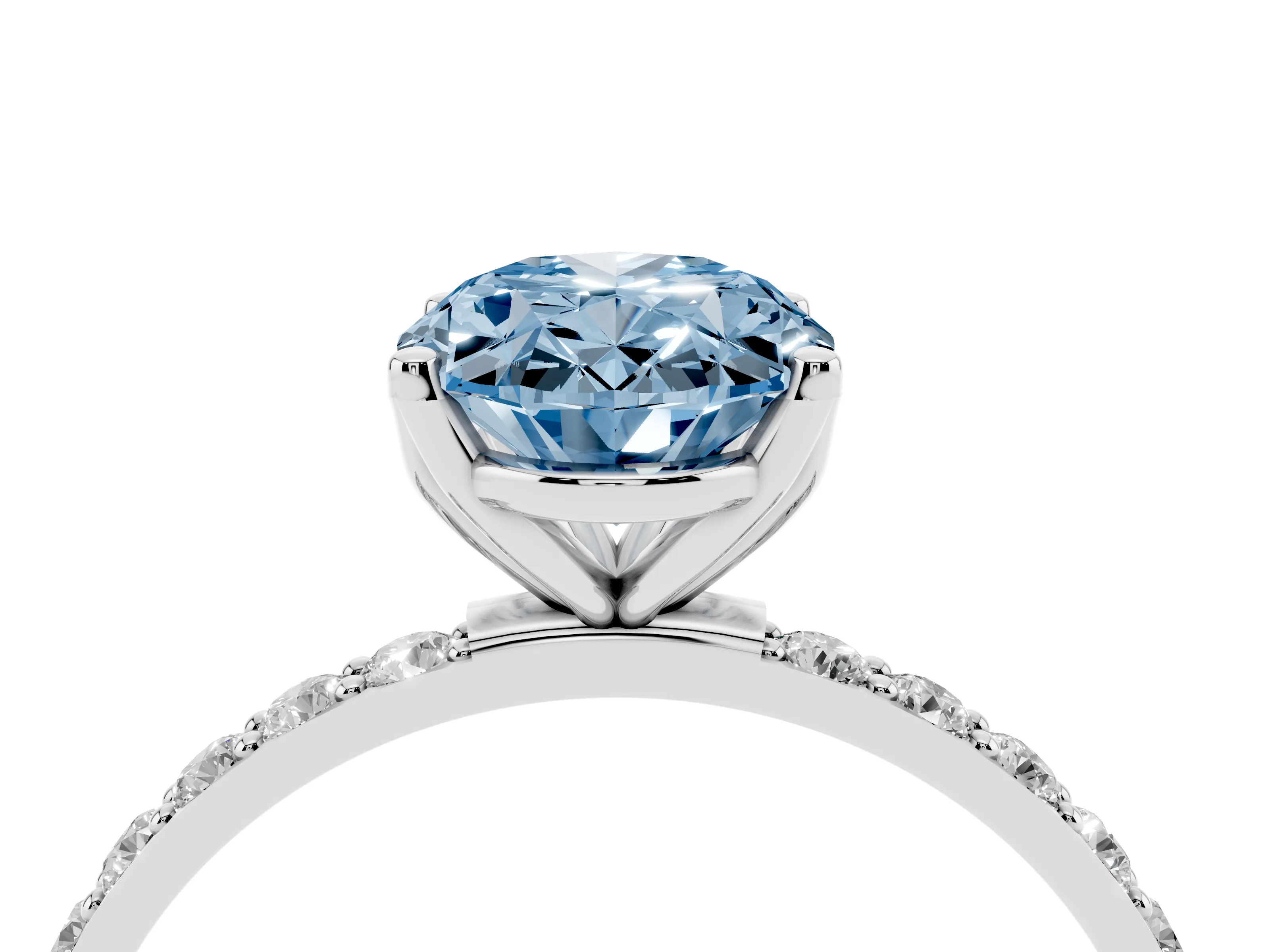 Fancy Blue Oval Cut Diamond Solitaire Engagement Ring Set in White gold with Round Pavé Band and Prong Setting