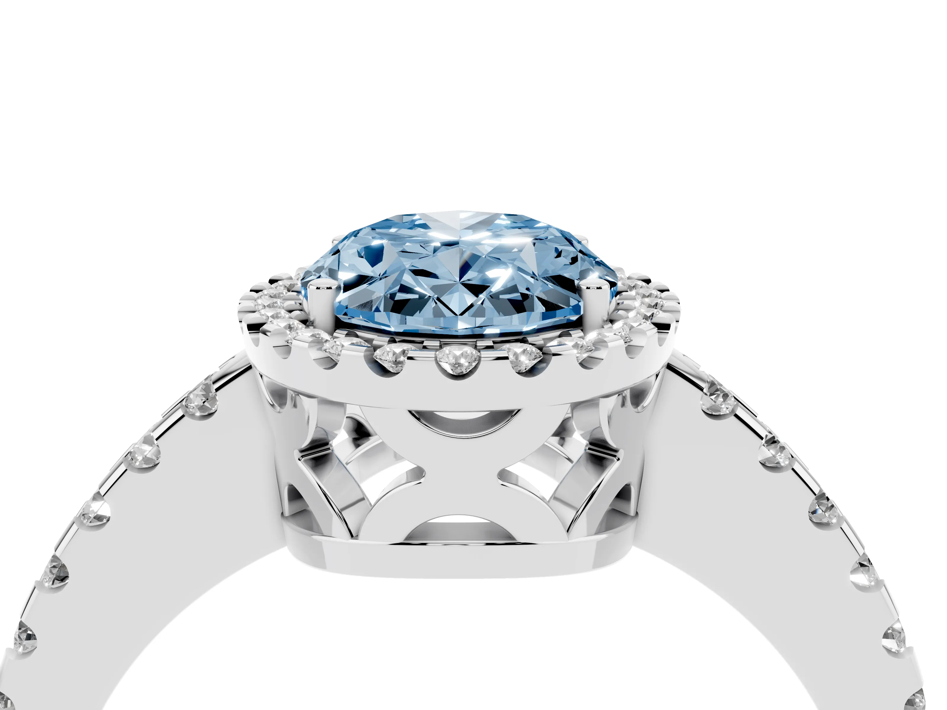 Fancy Blue Oval Cut Diamond Halo Ring Set in Platinum with Pavé Shoulders and Halo-Framed Center