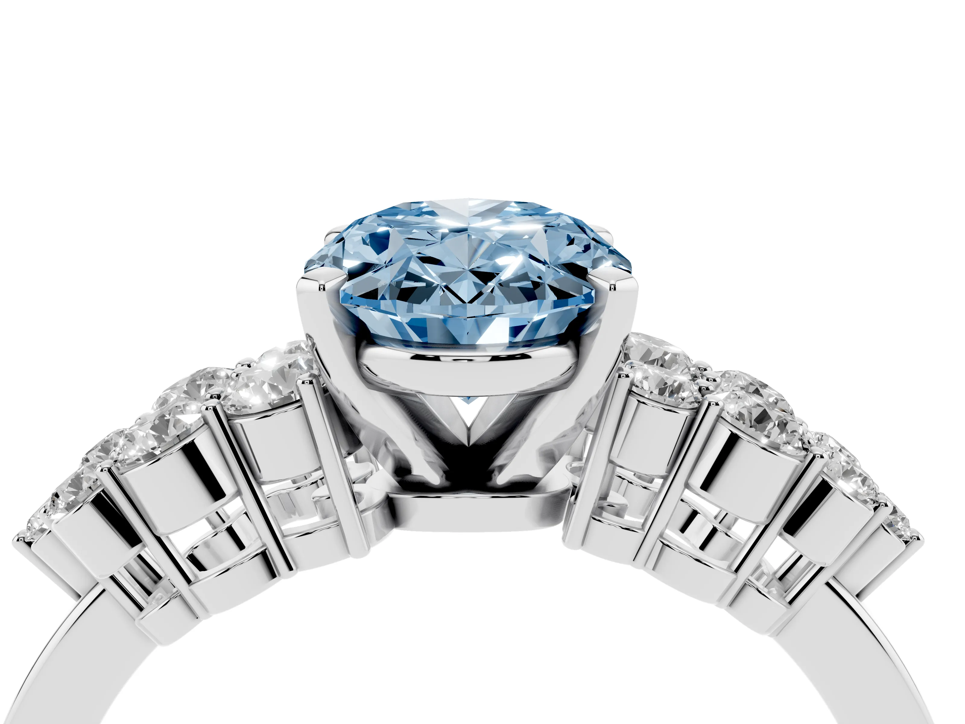 Fancy Blue Oval Cut Diamond Cluster Engagement Ring Set in Silver with Pavé Band and Prong Setting