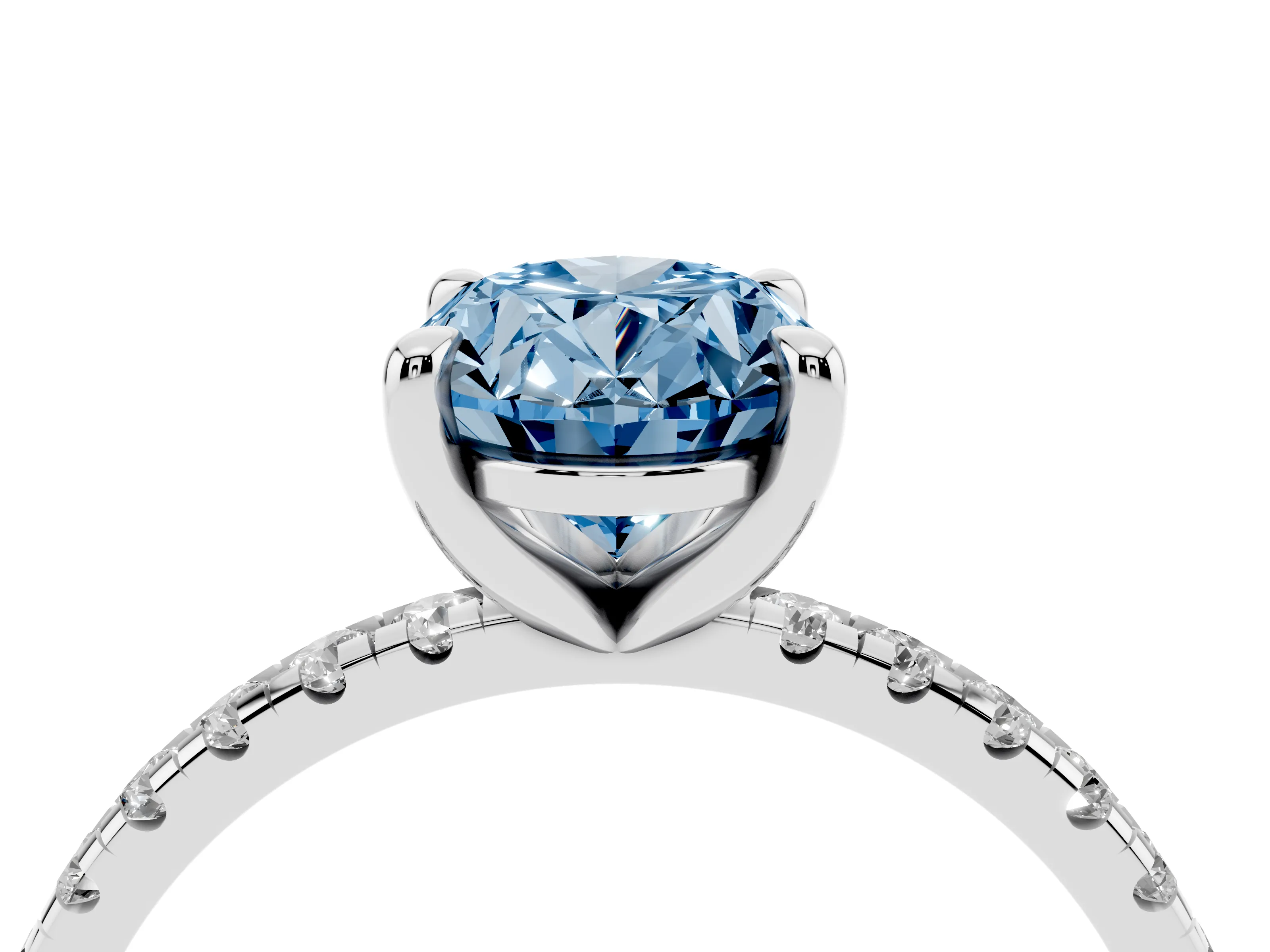 Fancy Blue Oval Cut Diamond Brilliant Solitaire Ring Set in White gold with Pavé Band and Prong Setting