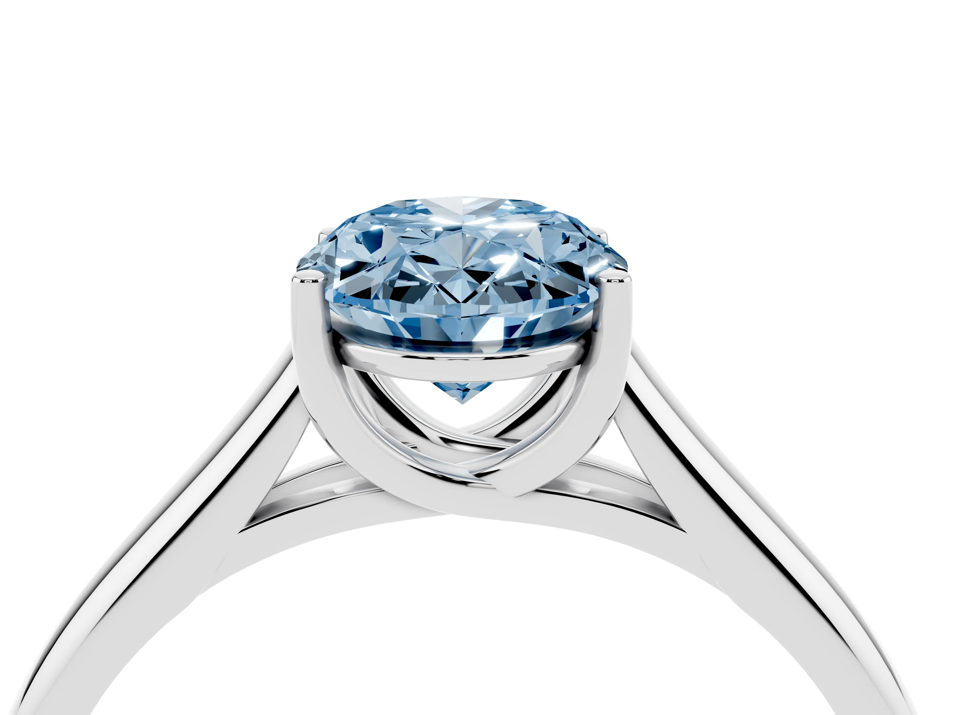 Fancy Blue Oval Cut Diamond Solitaire Engagement Ring Set in Silver with Subtly Tapered Band and Prong Setting