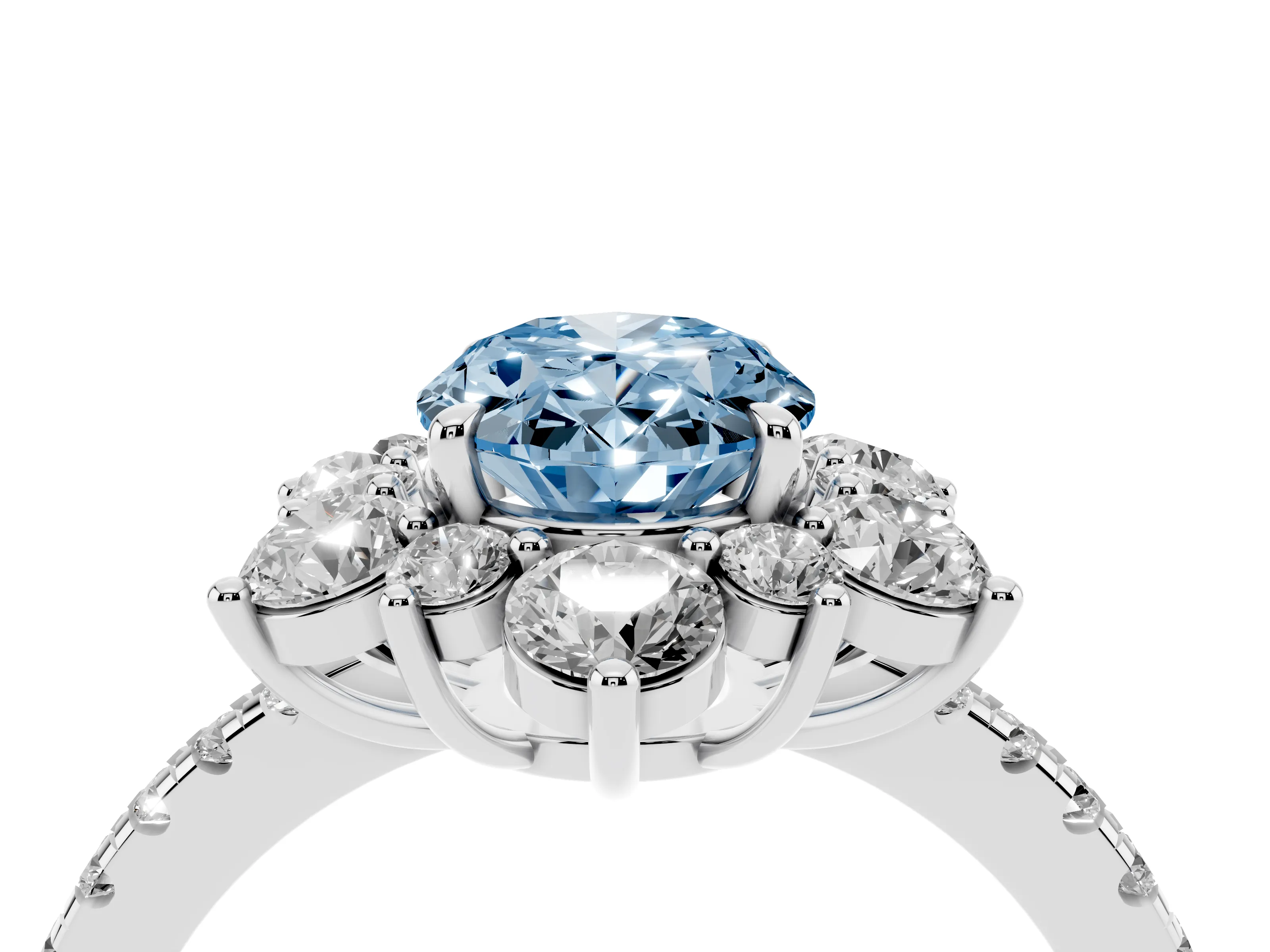 Fancy Blue Oval Cut Diamond Floral Halo Ring Set in White gold with Round Pavé Band and Prong Setting