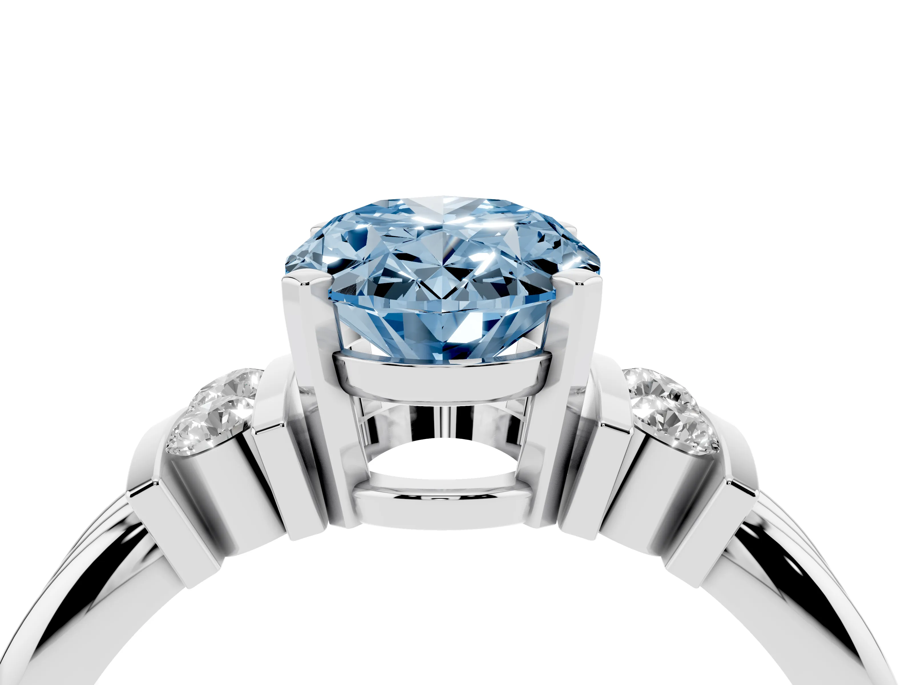 Fancy Blue Three-Stone Oval Cut Diamond Channel Set Ring Set in White gold with Bar Prongs