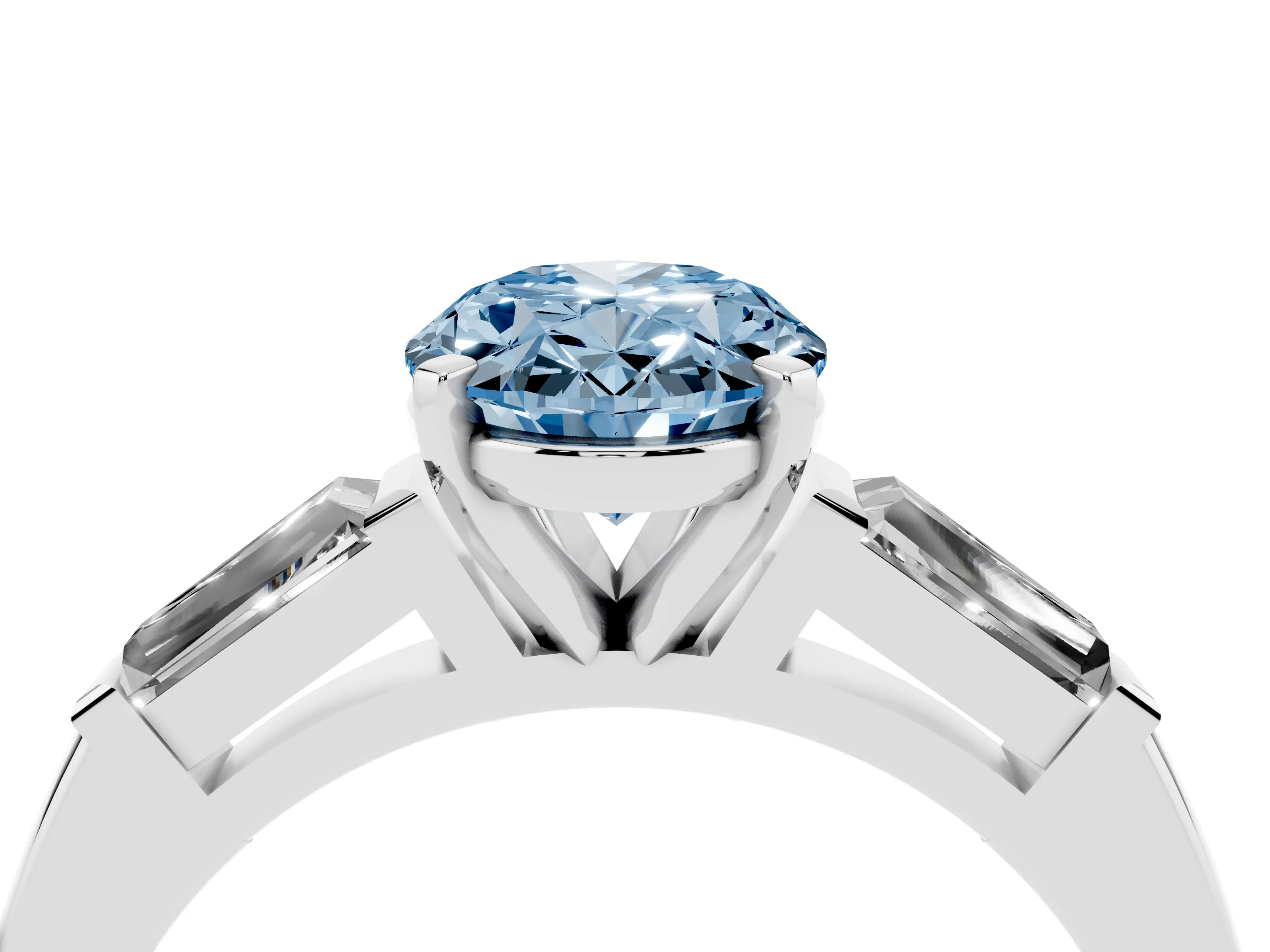 Fancy Blue Oval Cut Diamond Solitaire Ring Set in White gold with Tapered Baguette Side Stones and Prong Setting