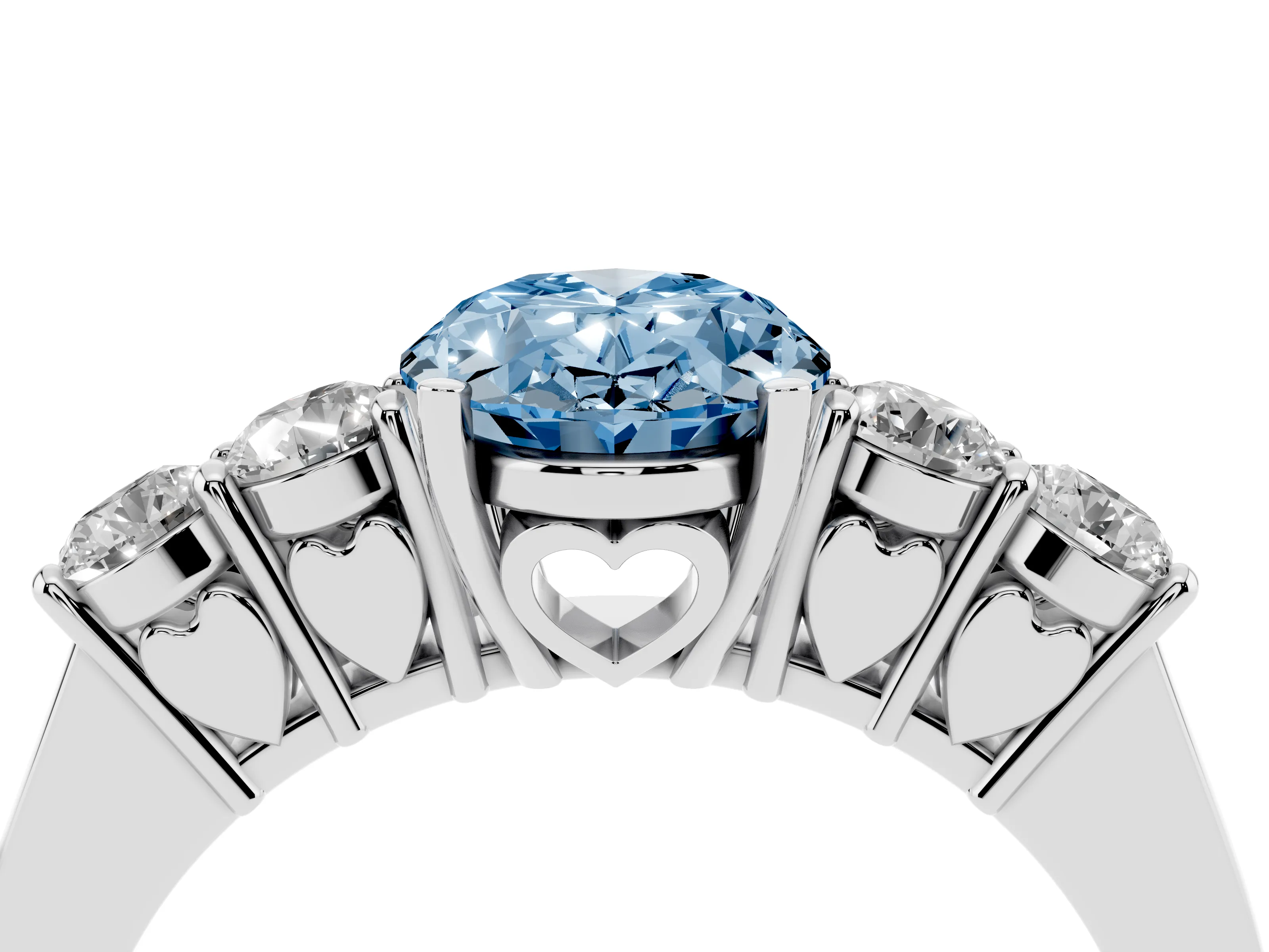 Fancy Blue Oval Cut Diamond Five-Stone Prong Set Band Ring Set in Platinum with Polished Band
