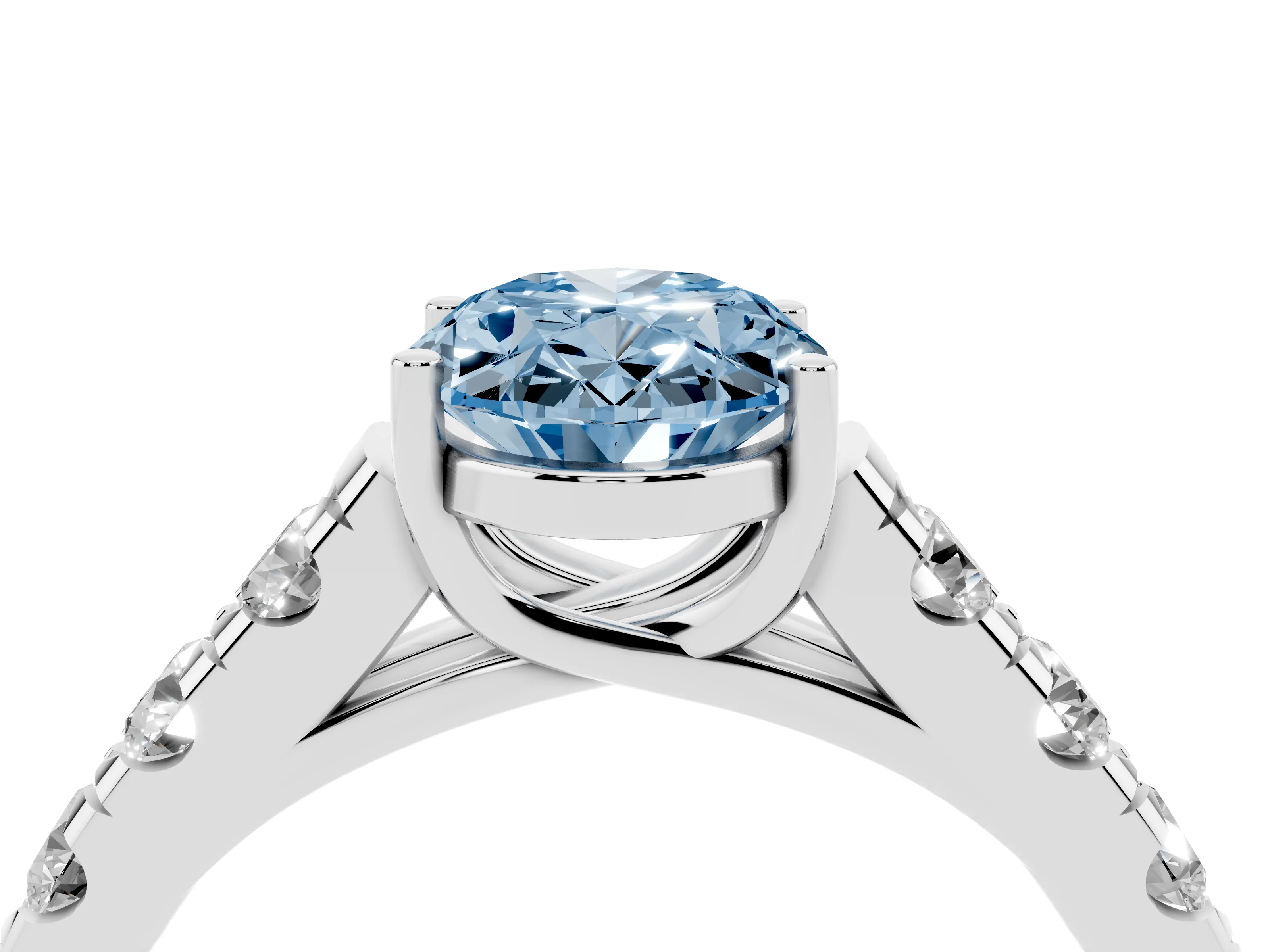 Fancy Blue Oval Cut Diamond Solitaire Ring Set in Silver with Cut-Down Micro Pavé Band and Prong Setting