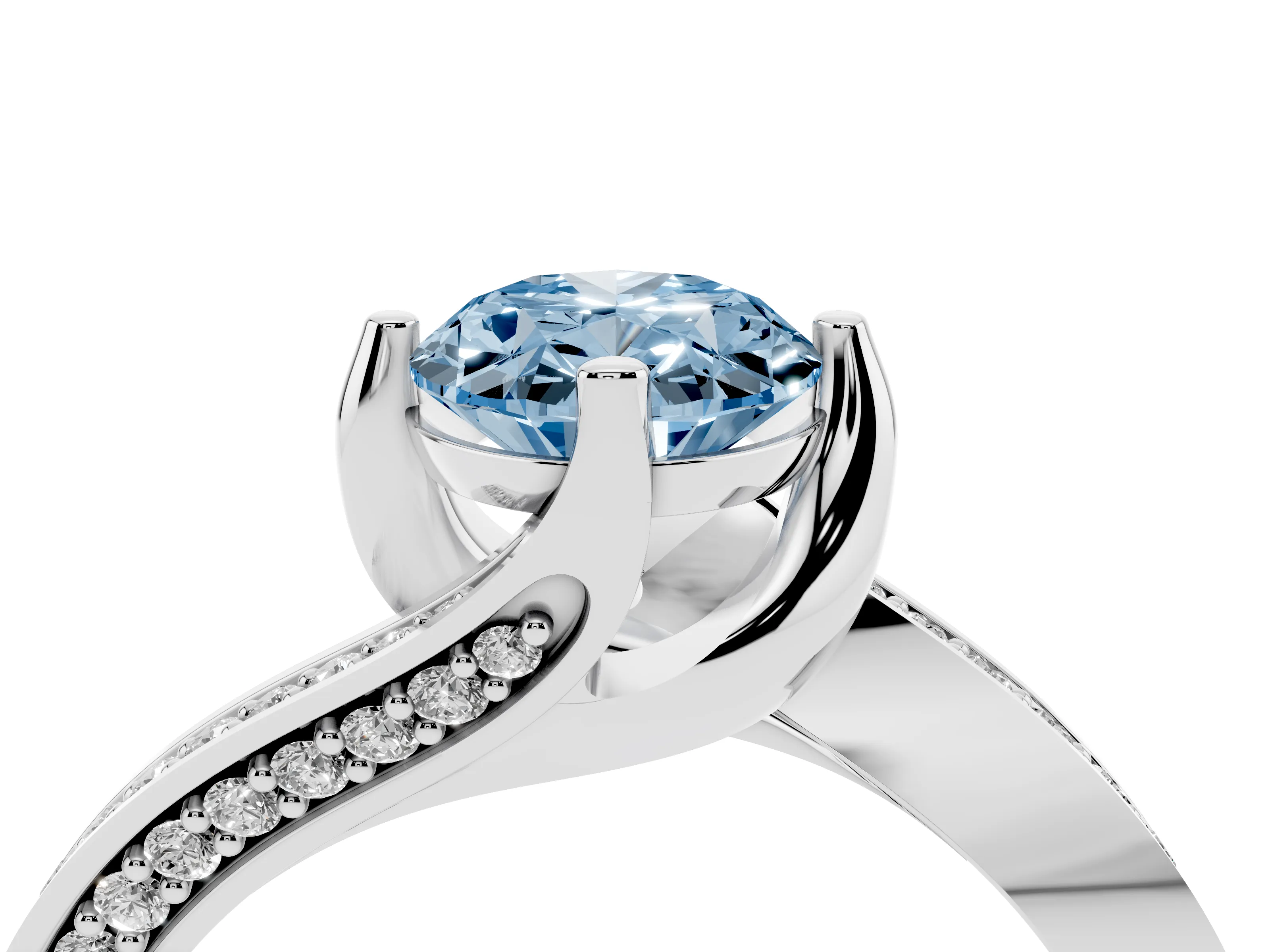 Fancy Blue Oval Cut Diamond Solitaire Ring Set in Silver with Intertwined Pavé Twist Band