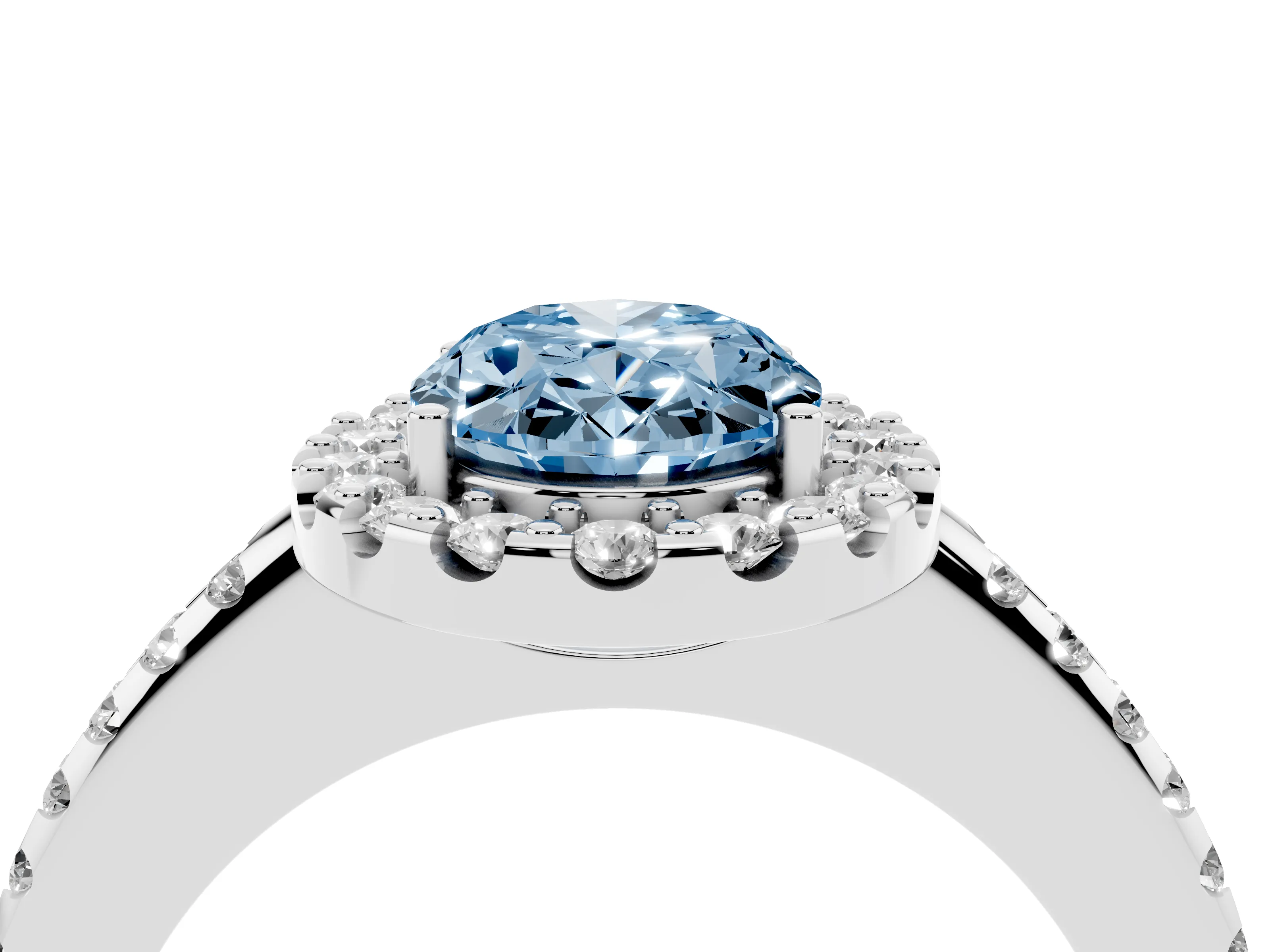 Fancy Blue Oval Cut Diamond Pavé Halo Ring Set in Platinum with Prong Setting