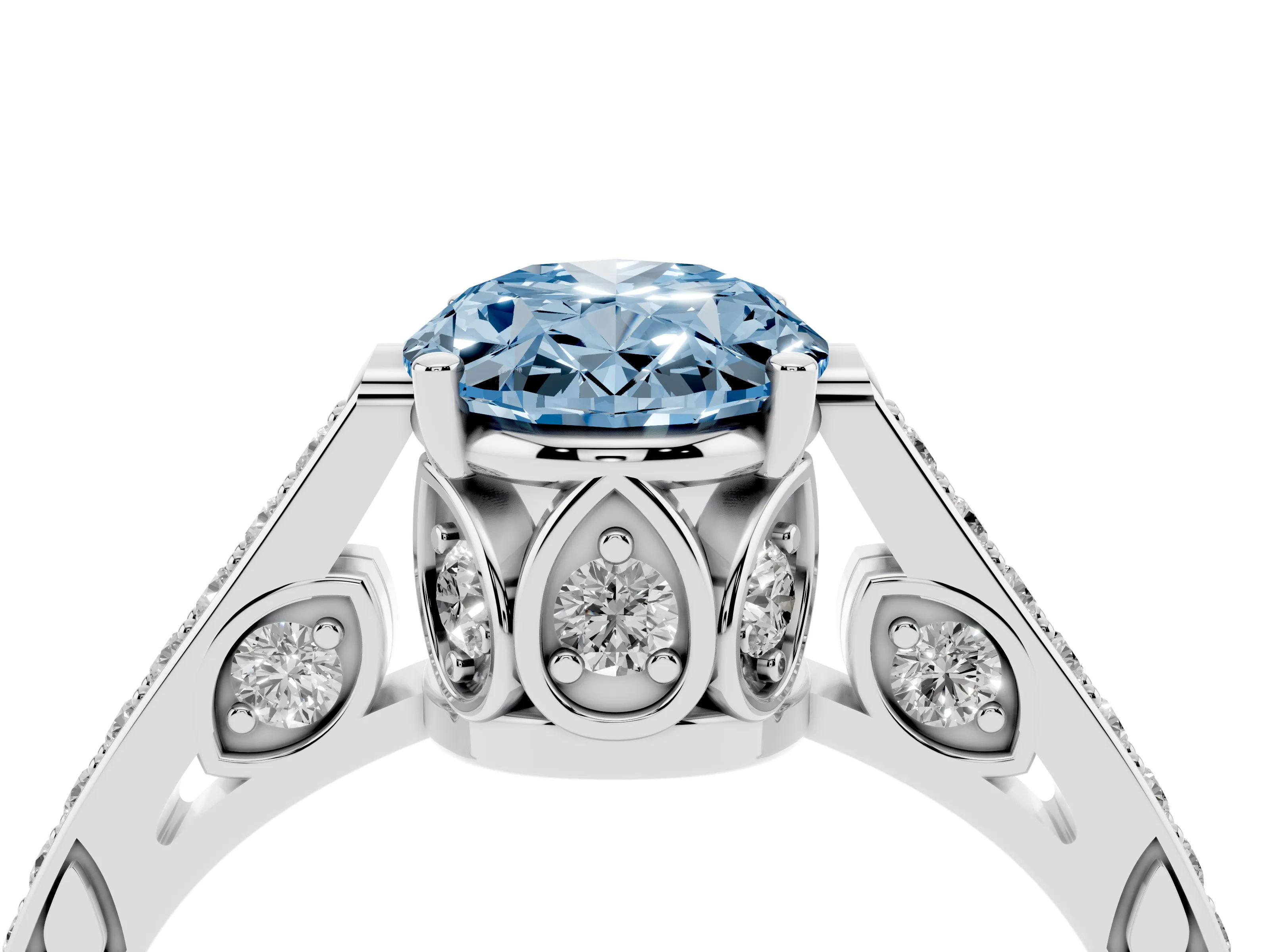 Fancy Blue Oval Cut Diamond Cathedral Pavé Engagement Ring Set in White gold with Prong Setting