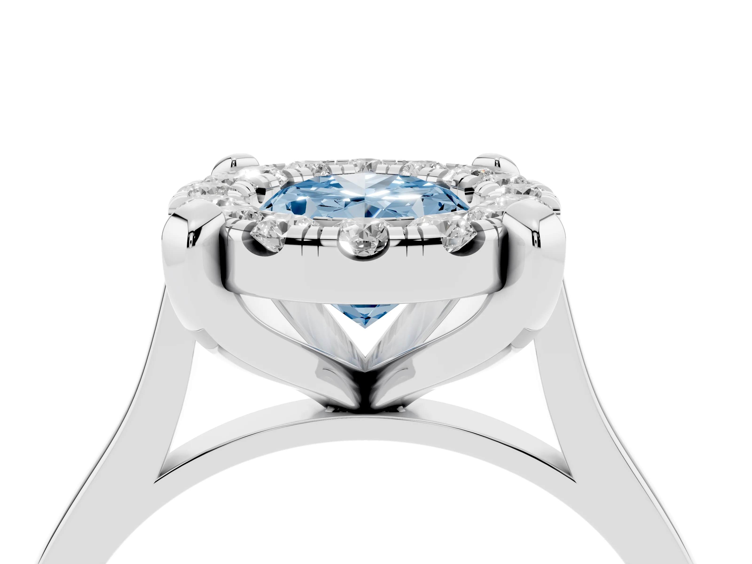 Fancy Blue Oval Cut Diamond Cluster Halo Solitaire Ring Set in Silver with Prong Setting