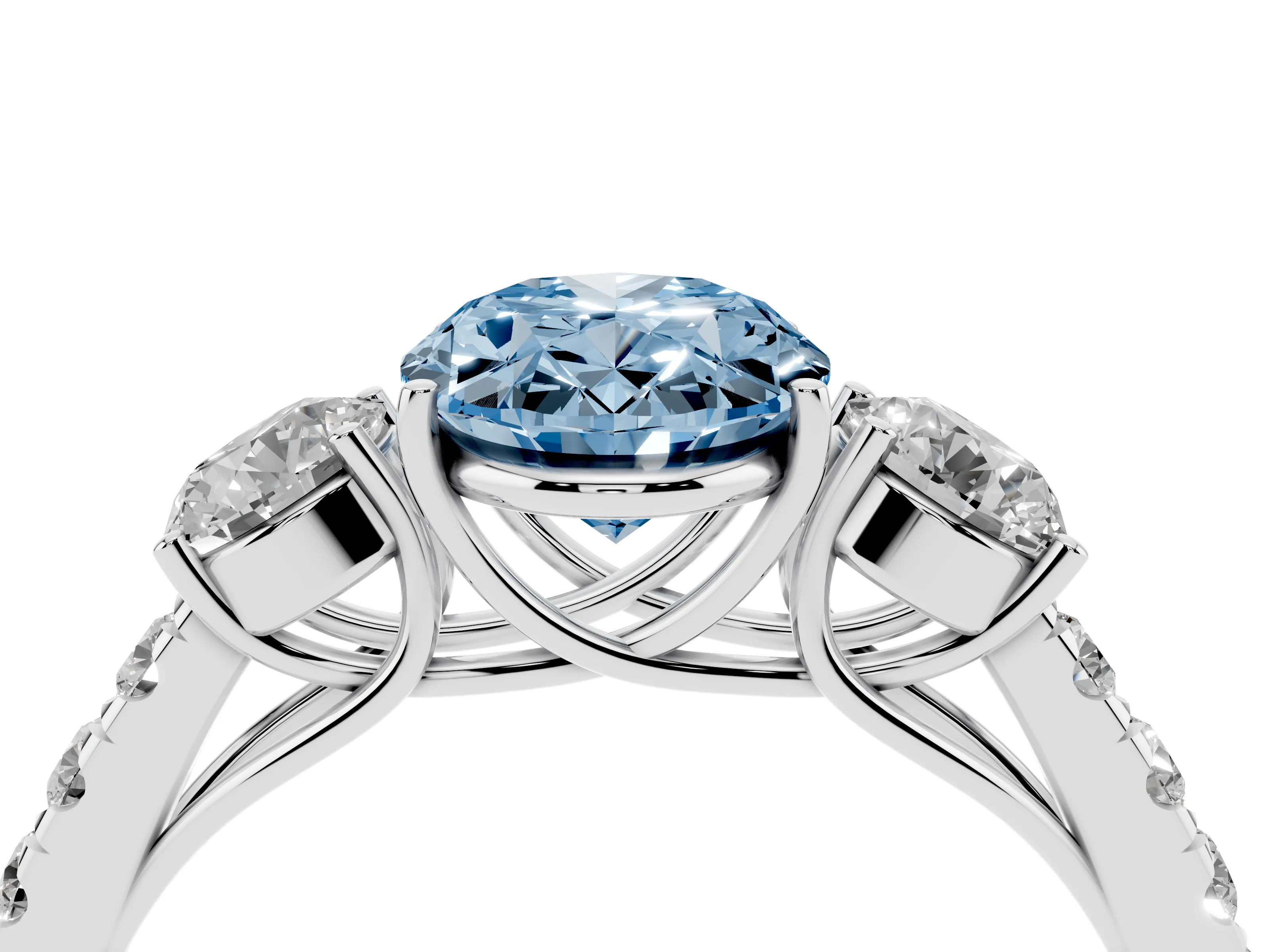 Fancy Blue Oval Cut Diamond Three-Stone Ring Set in White gold with Round Side Stones and Delicate Pavé Band