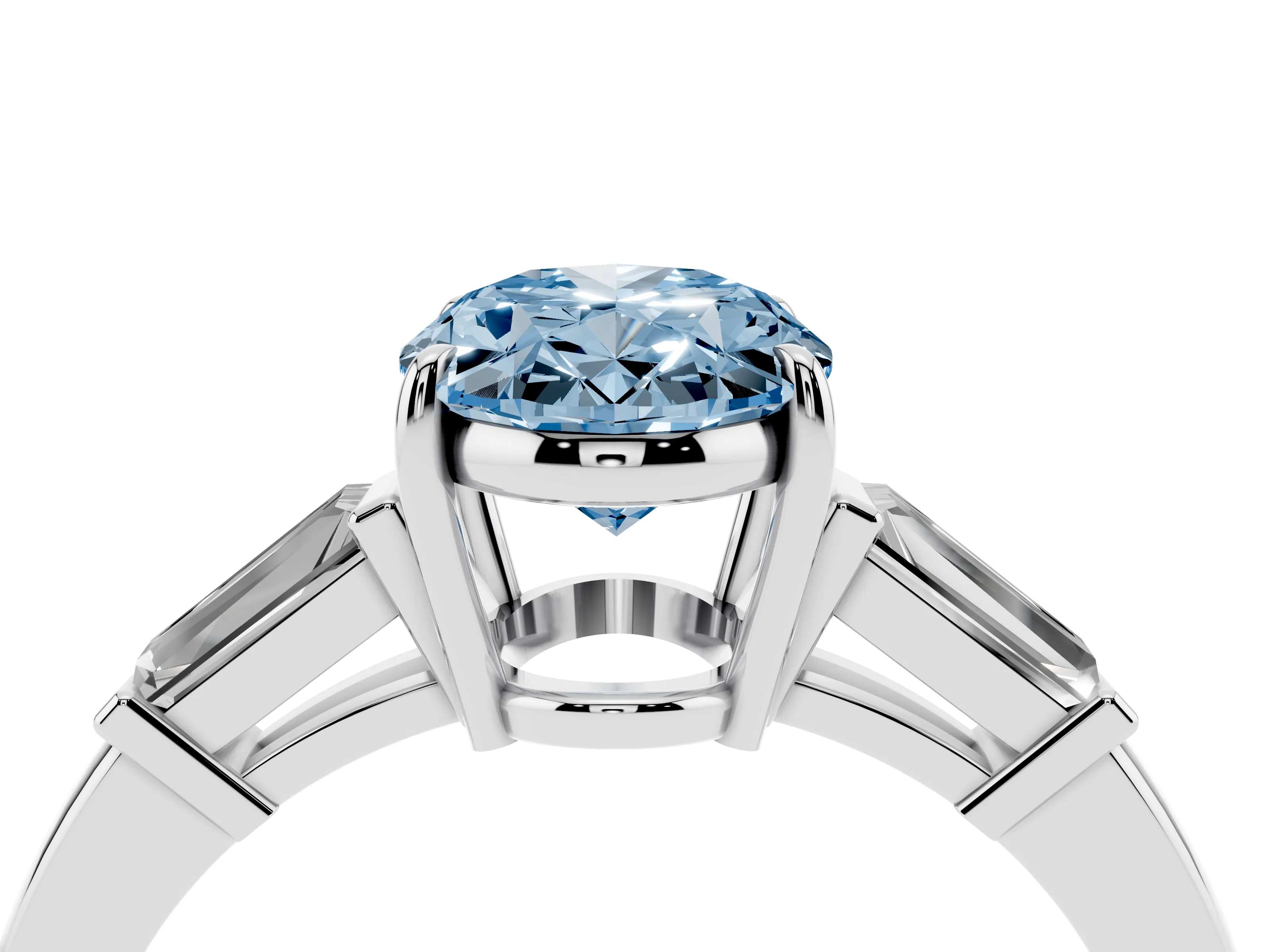 Fancy Blue Oval Cut Diamond Three-Stone Ring Set in Silver with Tapered Baguette Side Stones and Prong Setting