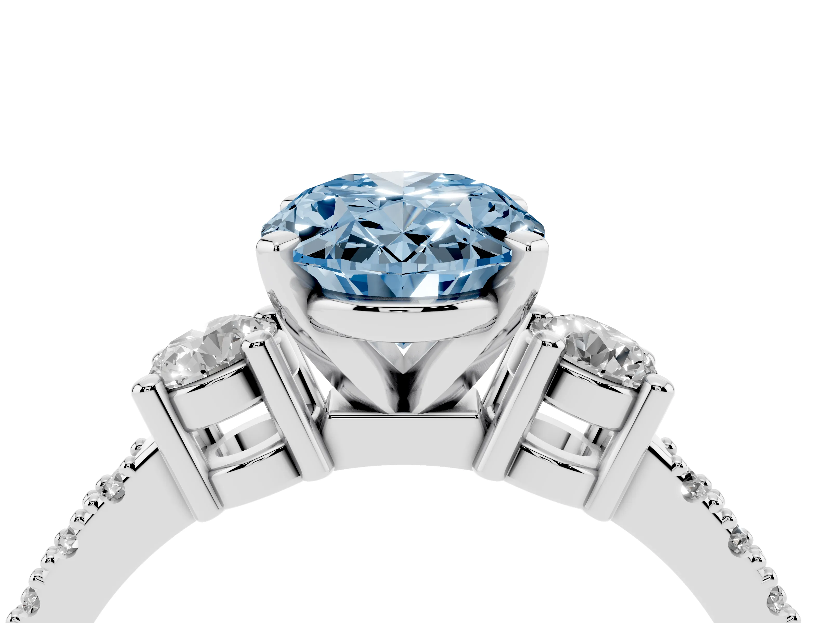 Fancy Blue Three-Stone Oval Cut Diamond Pavé Band Ring Set in White gold with Prong Setting