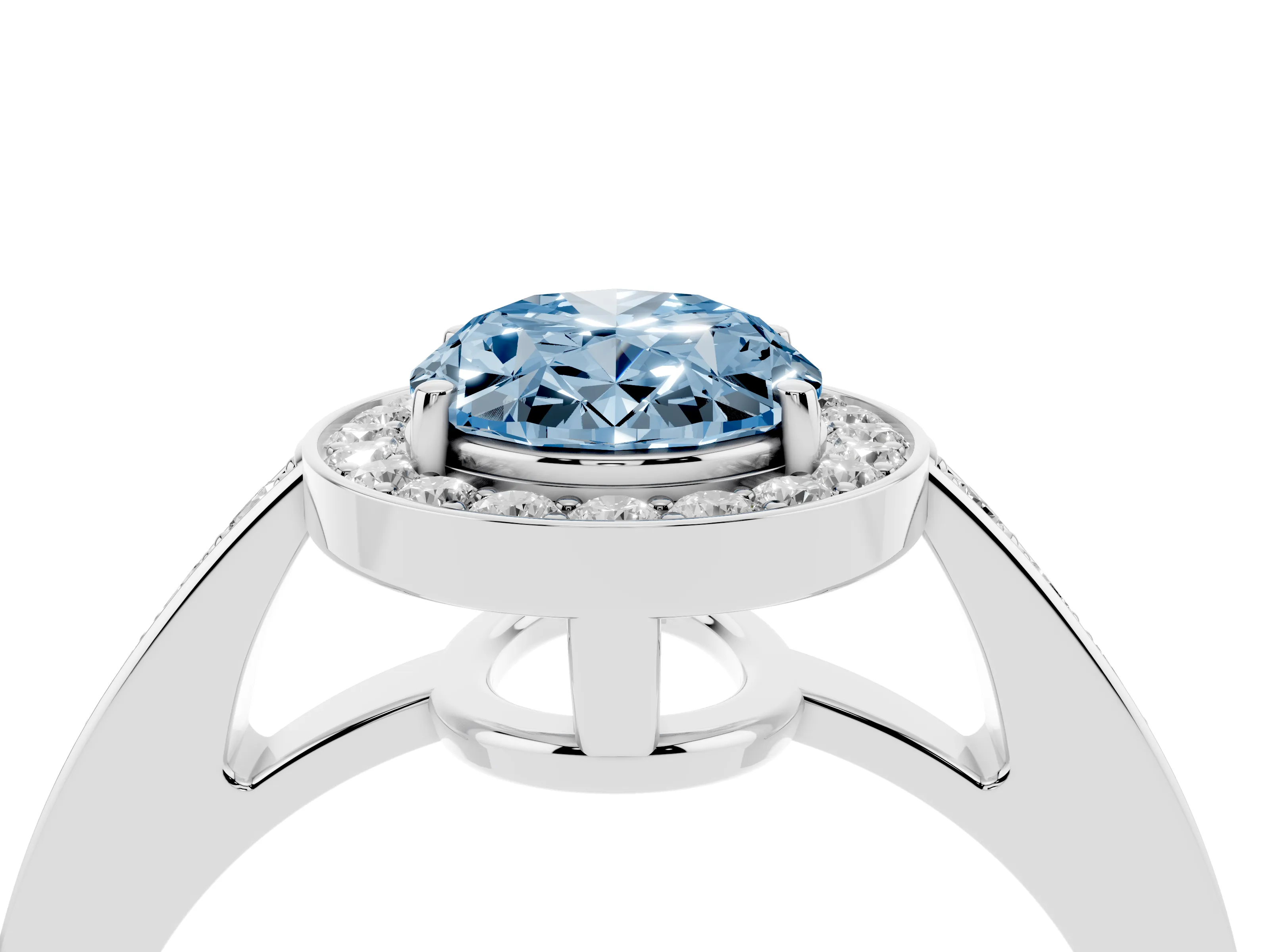 Fancy Blue Oval Cut Diamond Halo Pavé Engagement Ring Set in White gold with Bezel Setting