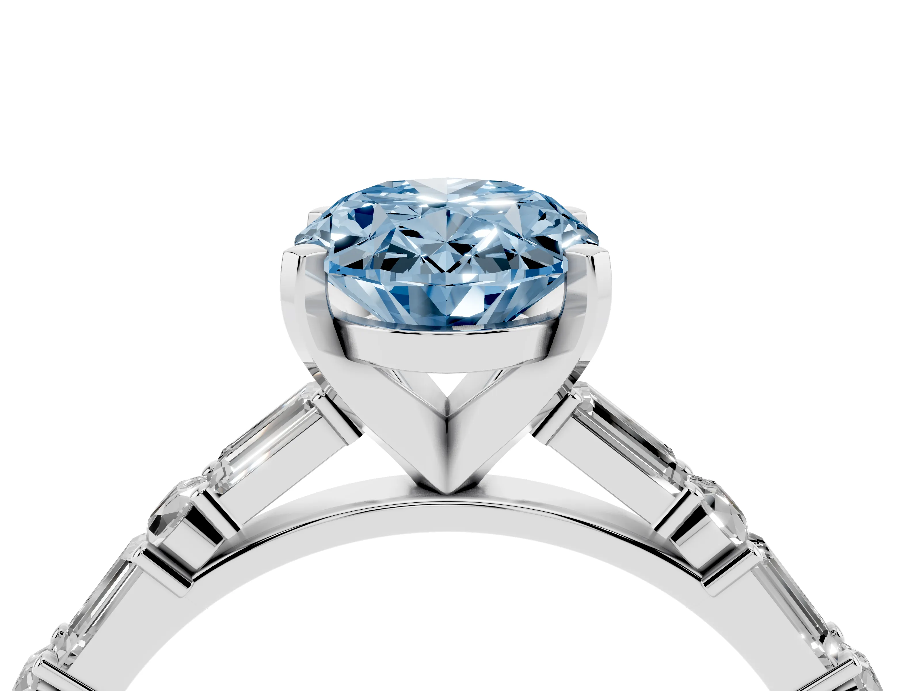 Fancy Blue Oval Cut Diamond Solitaire Set in Silver with Side Baguettes and Channel Set Band
