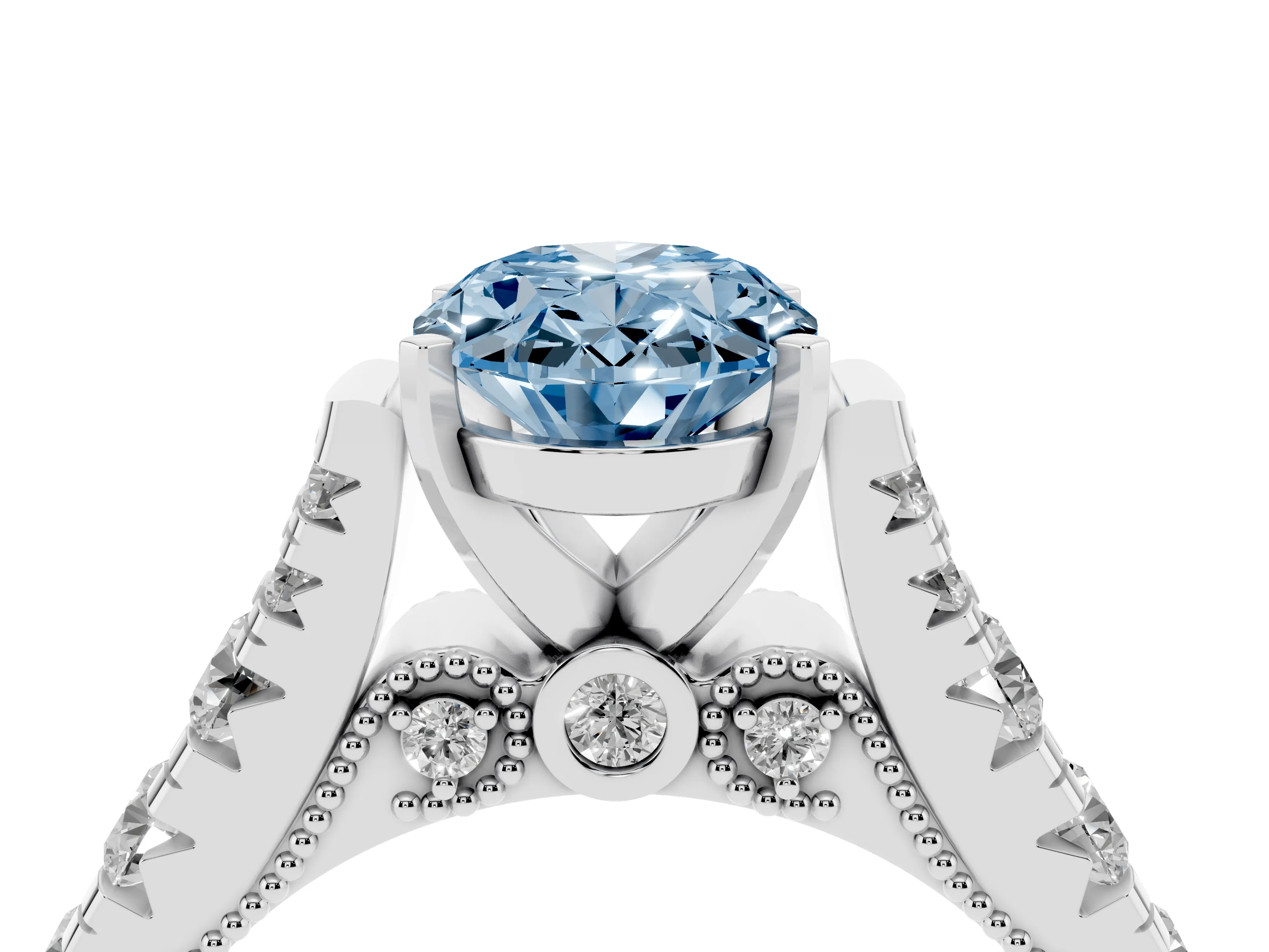 Fancy Blue Oval Cut Diamond Classic Solitaire Ring Set in White gold with Pavé Band and Prong Setting