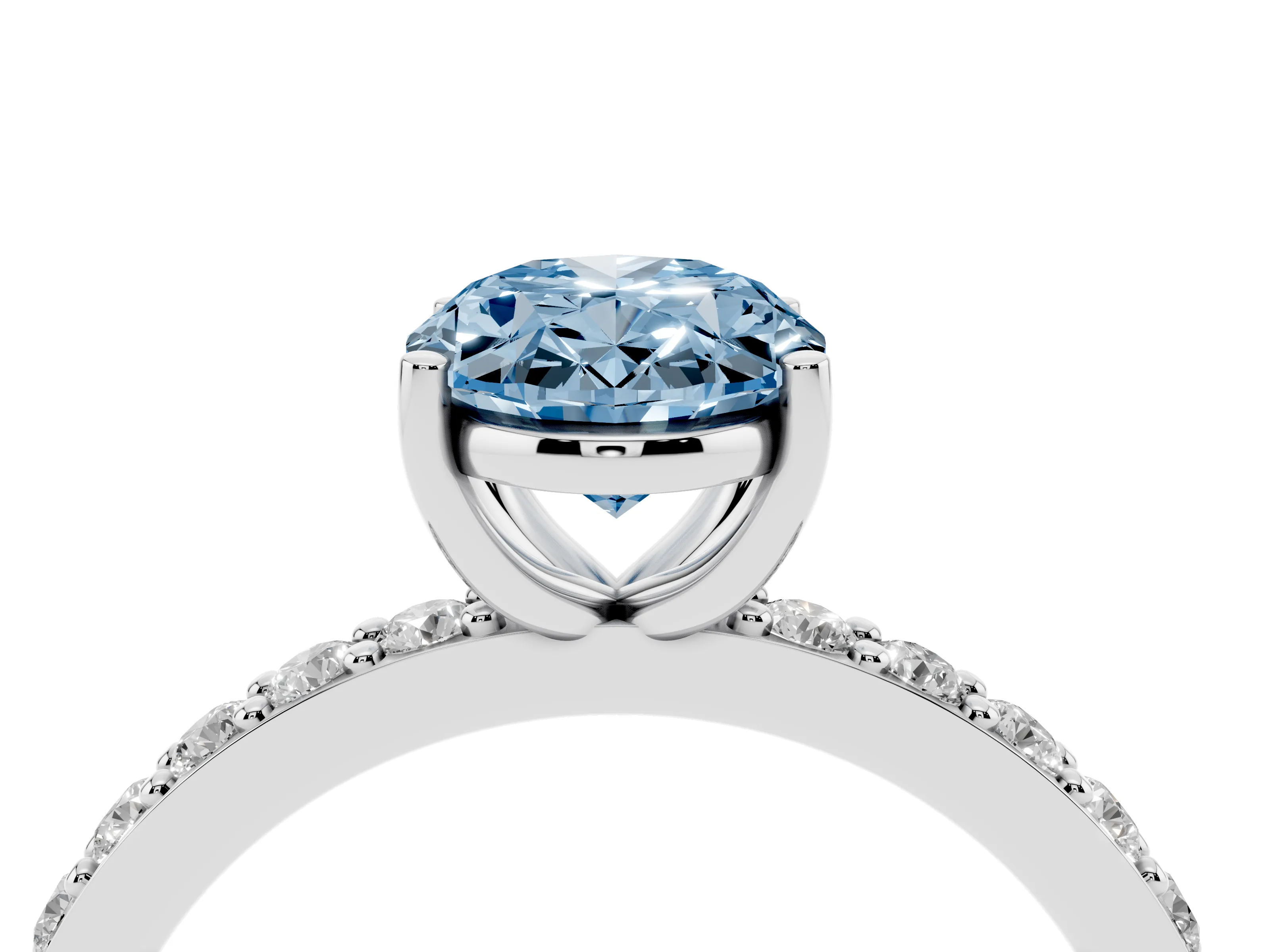 Fancy Blue Oval Cut Diamond Solitaire Set in White gold with Round Pavé Band and Prong Setting