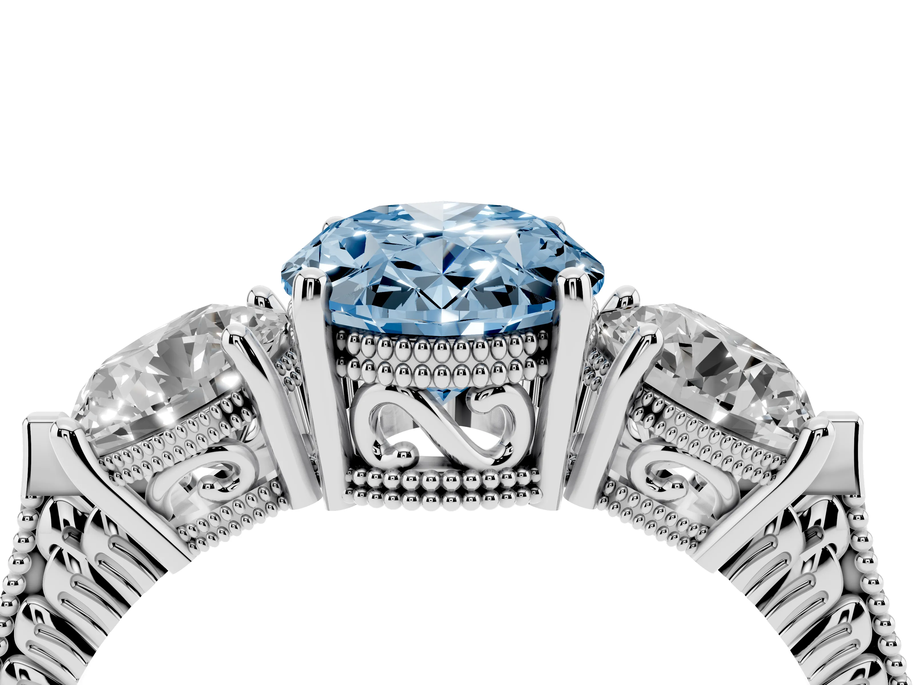 Fancy Blue Oval Cut Diamond Three-Stone Ring Set in Silver with Milgrain Band