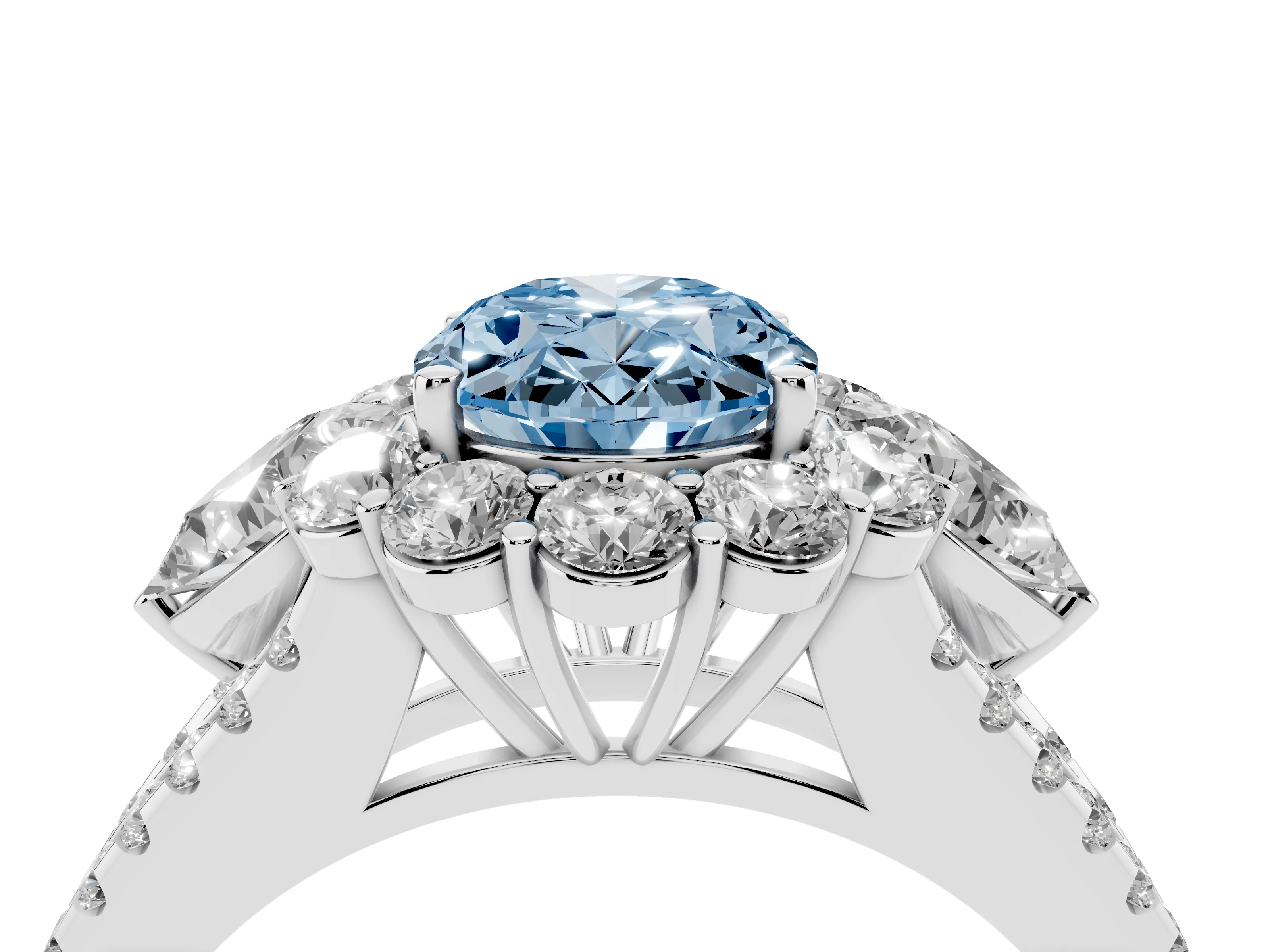 Fancy Blue Oval Cut Diamond Halo Split Shank Engagement Ring Set in Silver with Prong-Held Center Stone