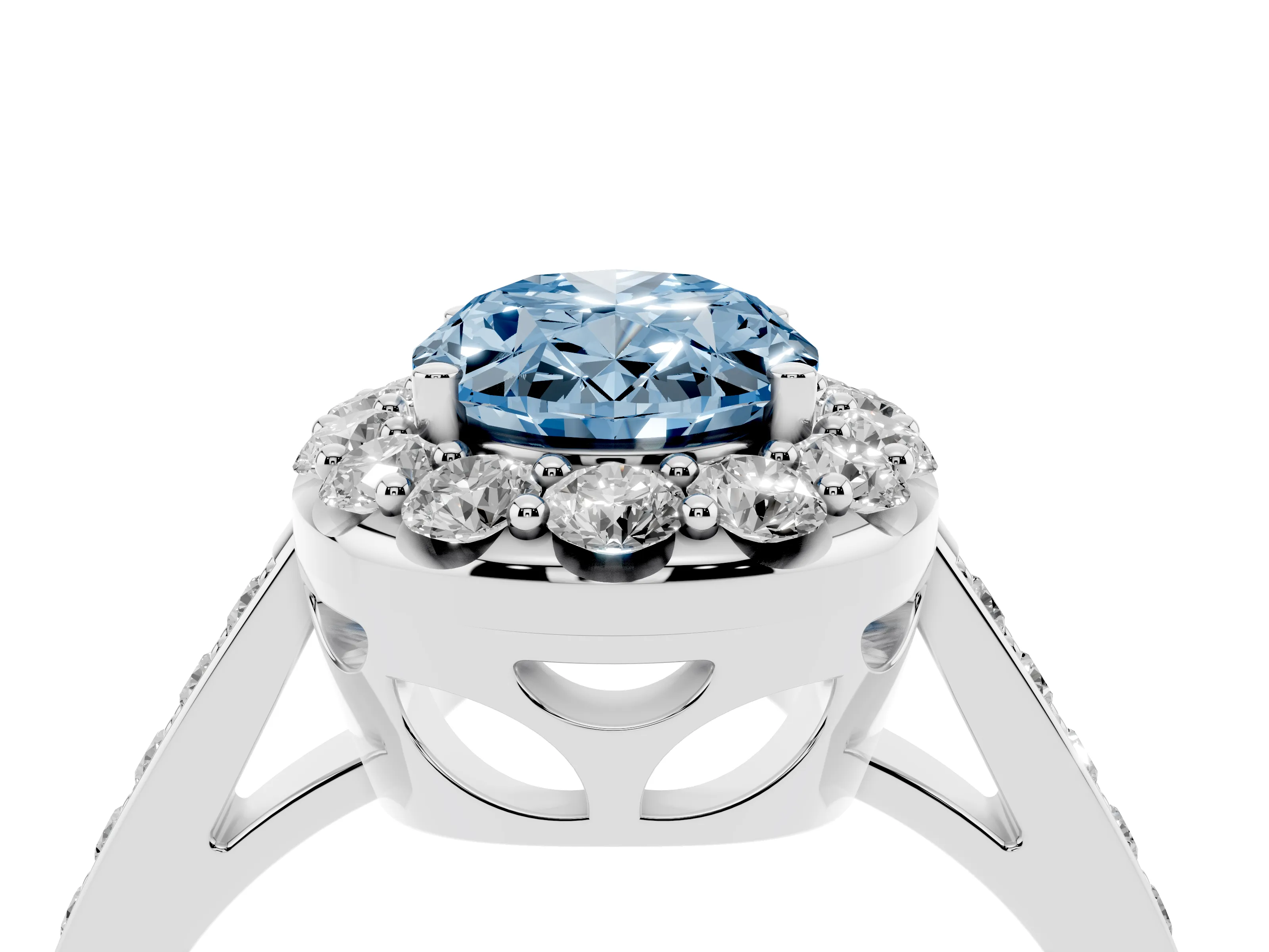 Fancy Blue Oval Cut Diamond Floral Halo Ring Set in Silver with Pavé Band and Prong Setting