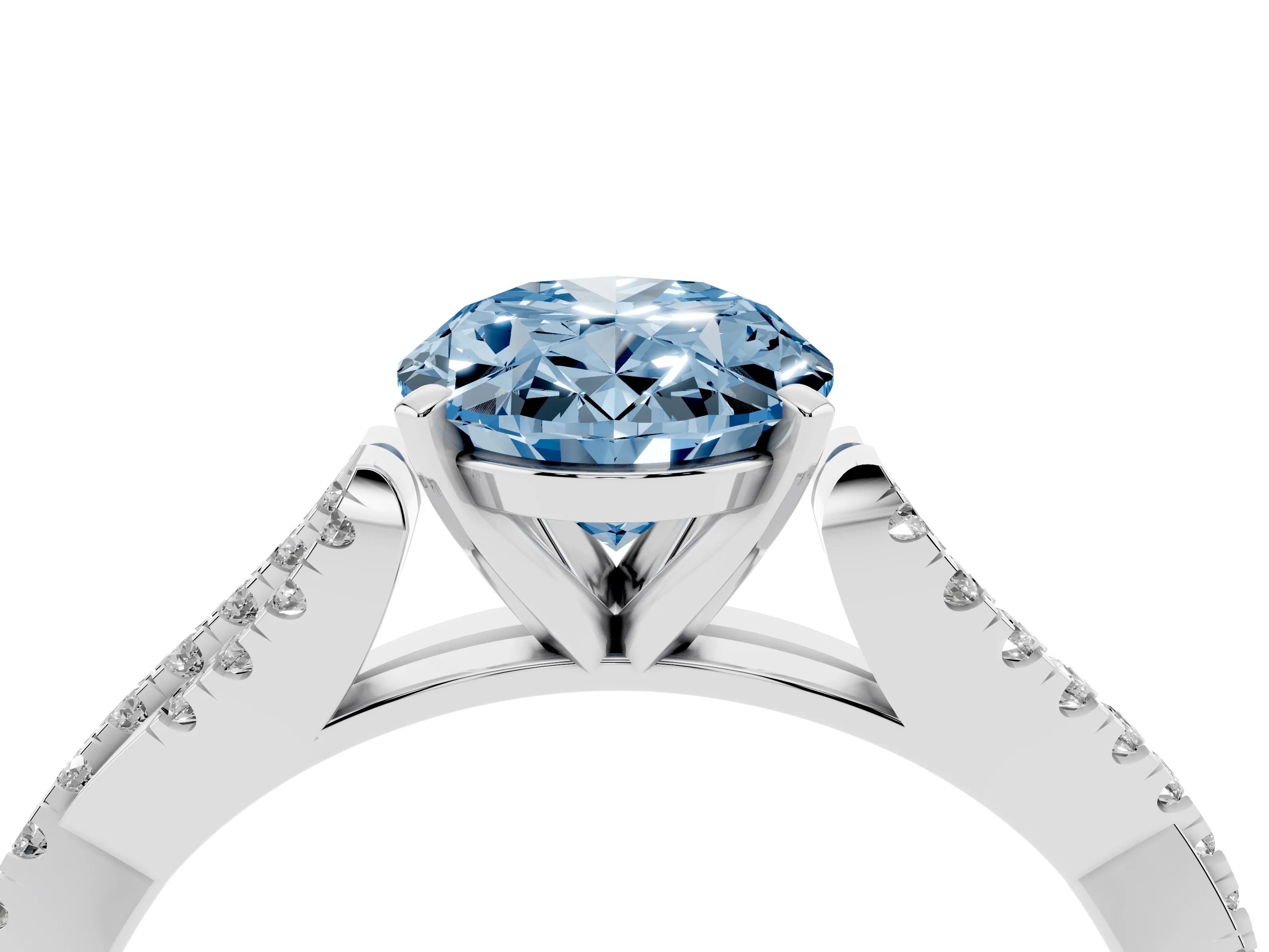 Fancy Blue Oval Cut Diamond Solitaire Engagement Ring Set in White gold with Twisted Pavé Band and Prong Setting