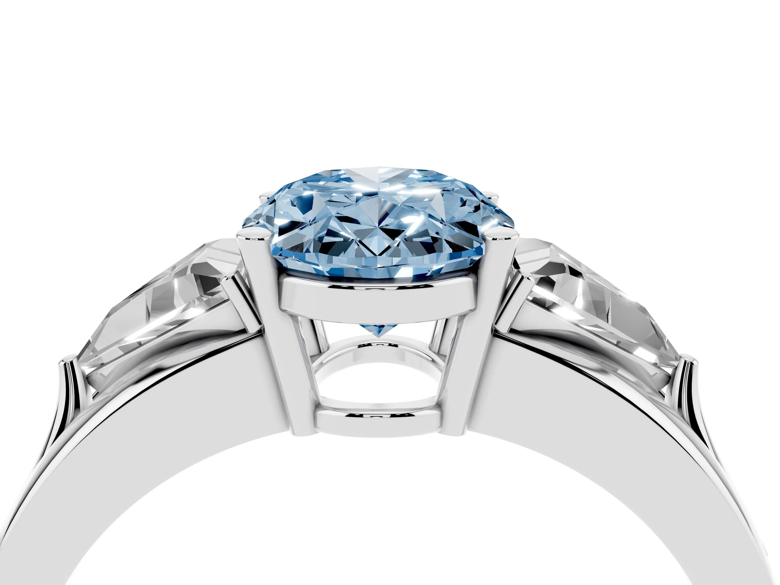 Fancy Blue Oval Cut Diamond Three-Stone Ring Set in Silver with Trillion Side Stones and Split Shank