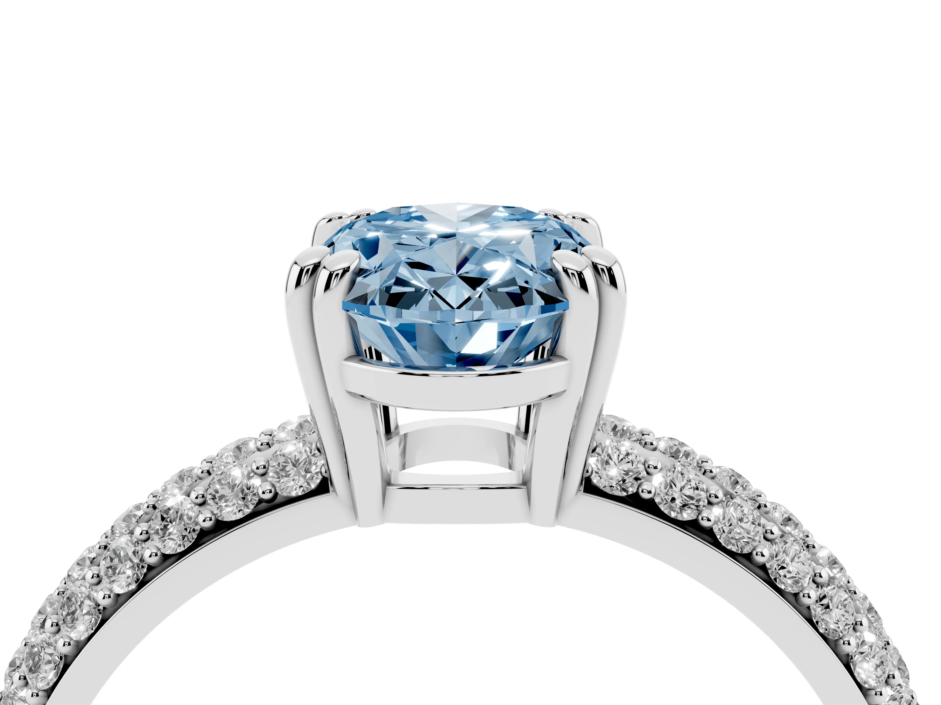 Fancy Blue Oval Cut Diamond Solitaire Ring Set in White gold with Multi-Row Round Pavé Band and Prong Setting