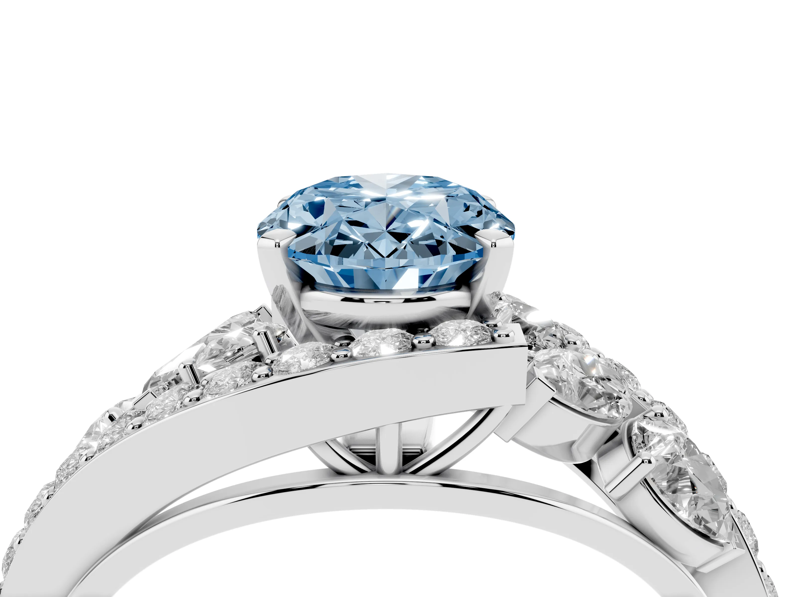Fancy Blue Oval Cut Diamond Halo Ring Set in White gold with Marquise and Pavé Band in Prong Setting
