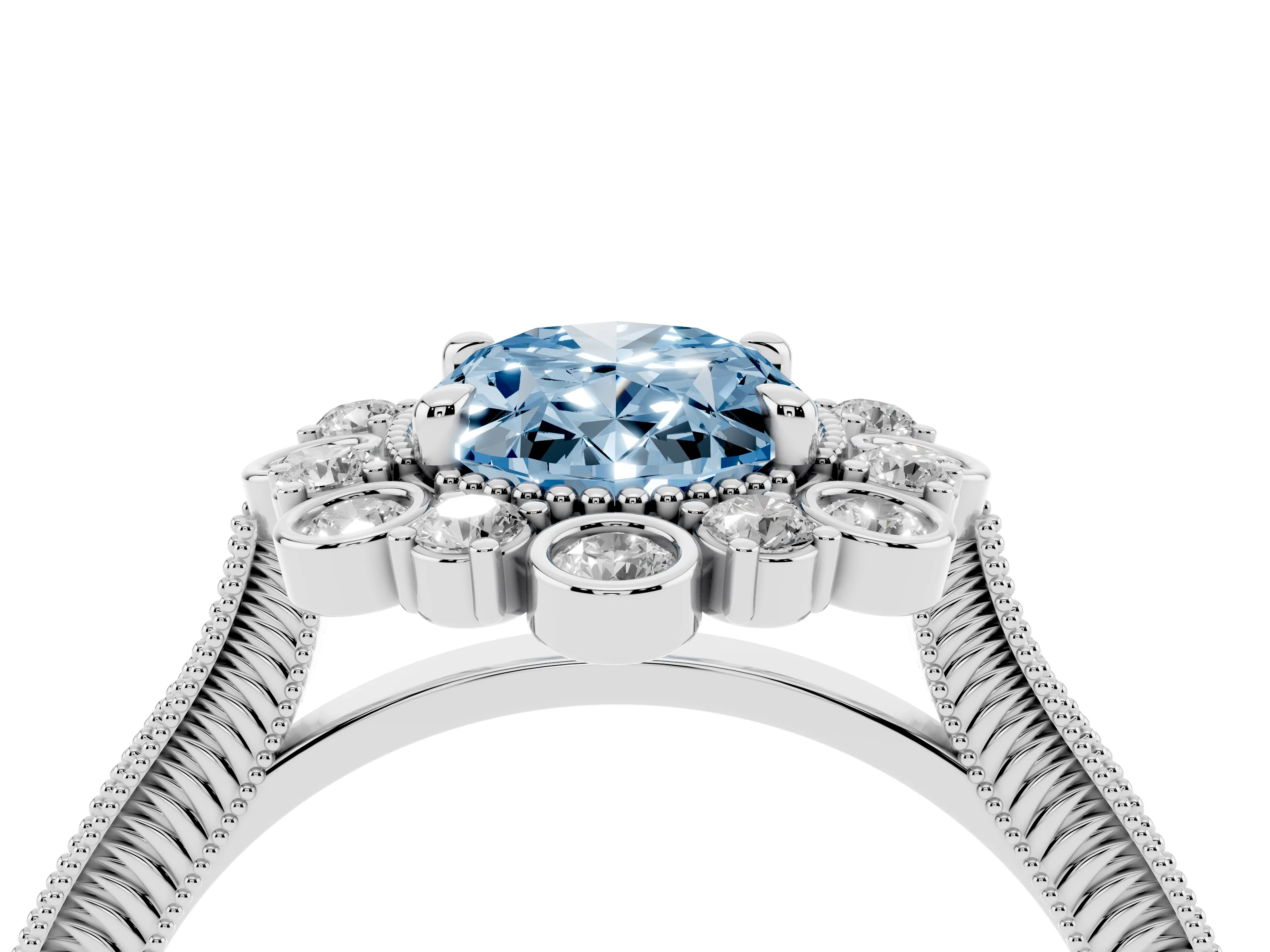 Fancy Blue Oval Cut Diamond Halo Milgrain Pavé Ring Set in Silver with Prong Setting