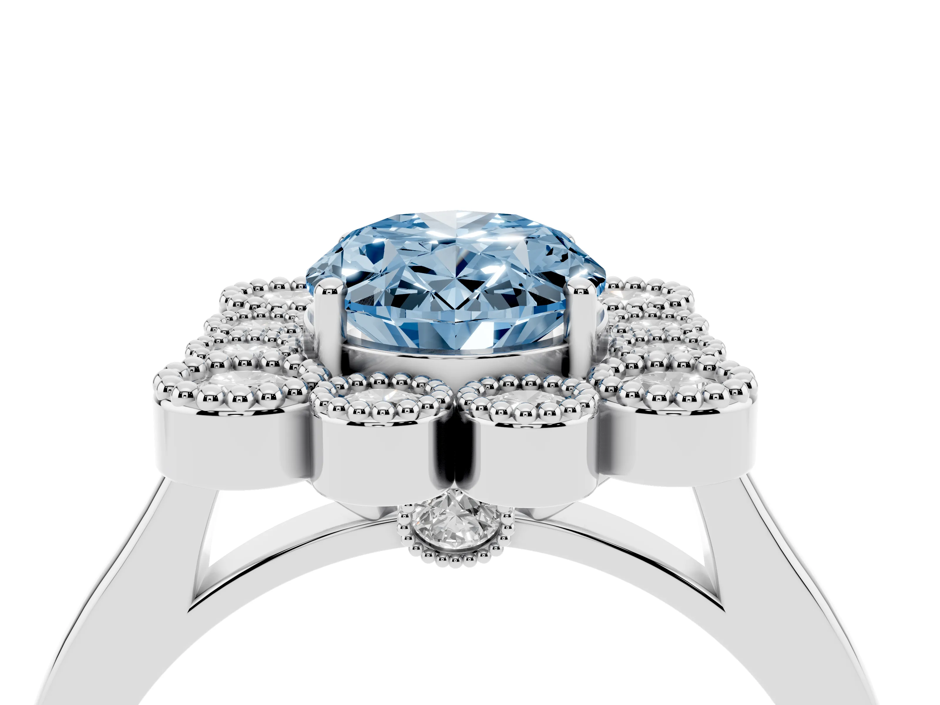 Fancy Blue Oval Cut Diamond Cluster Halo Ring Set in White gold with Milgrain Bezel Accents and Plain Band