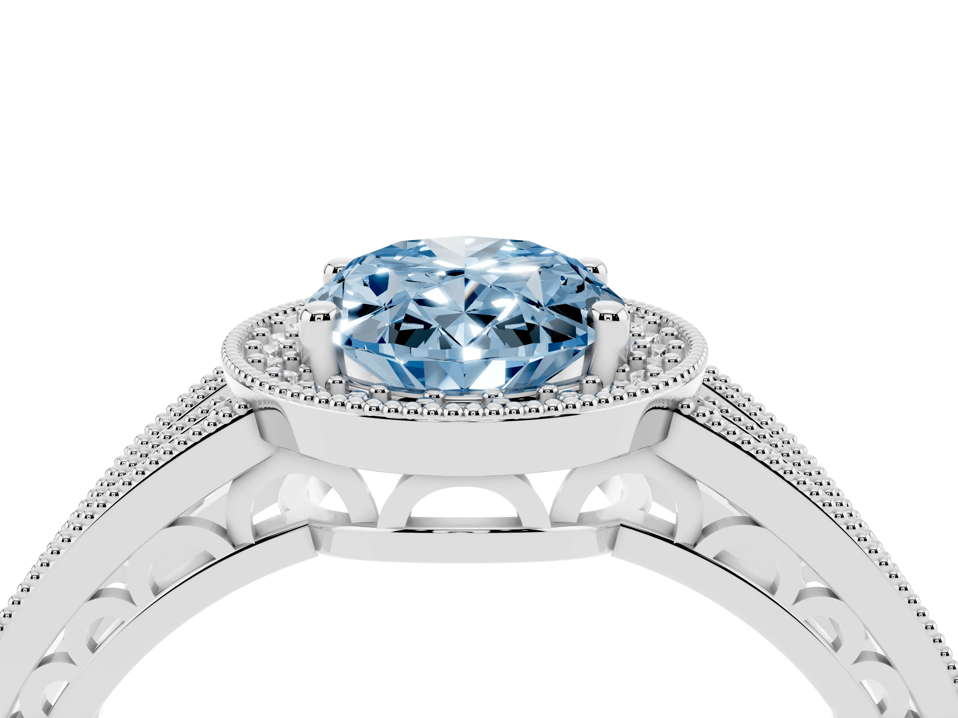 Fancy Blue Oval Cut Diamond Halo Ring Set in Platinum with Accent Split Shank and Prong Setting
