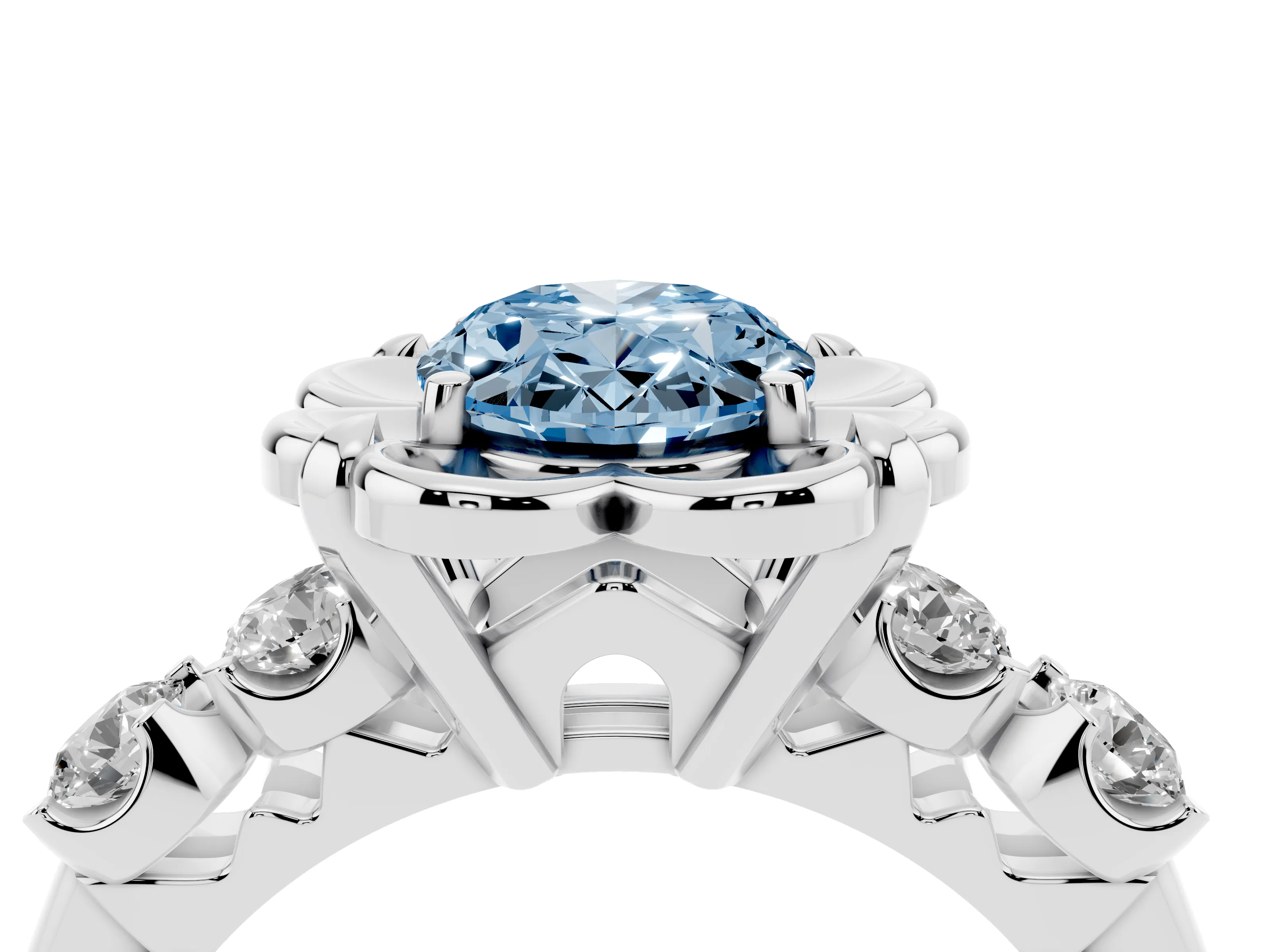 Fancy Blue Oval Cut Diamond Floral Halo Ring Set in Silver with Shared Prong Band