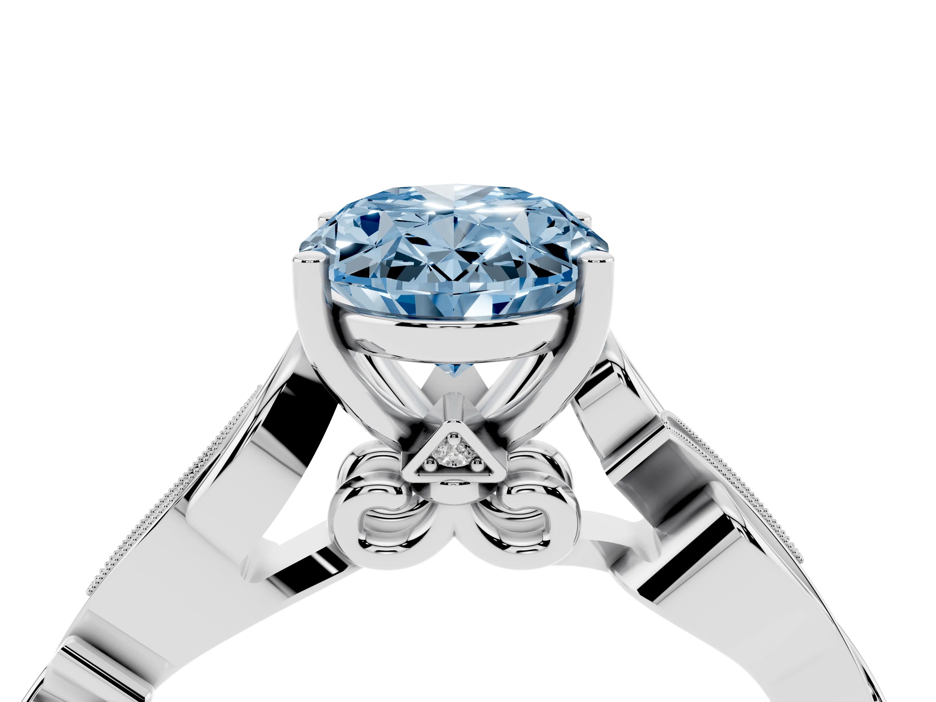 Fancy Blue Oval Cut Diamond Vine Band Solitaire Ring Set in Silver with Milgrain Prong Setting