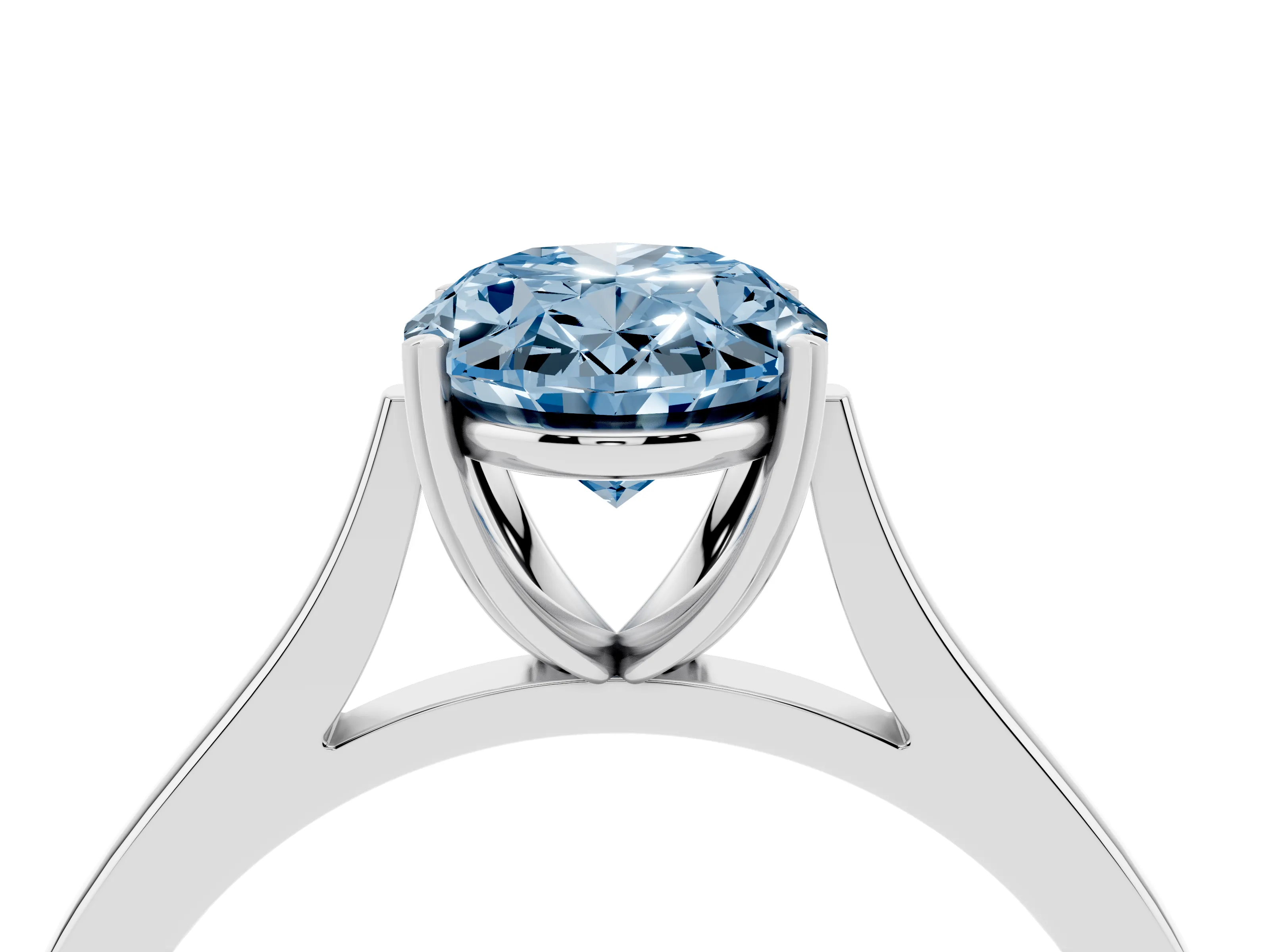 Fancy Blue Oval Cut Diamond Solitaire Heart Prong Engagement Ring Set in White gold with Tapered Band