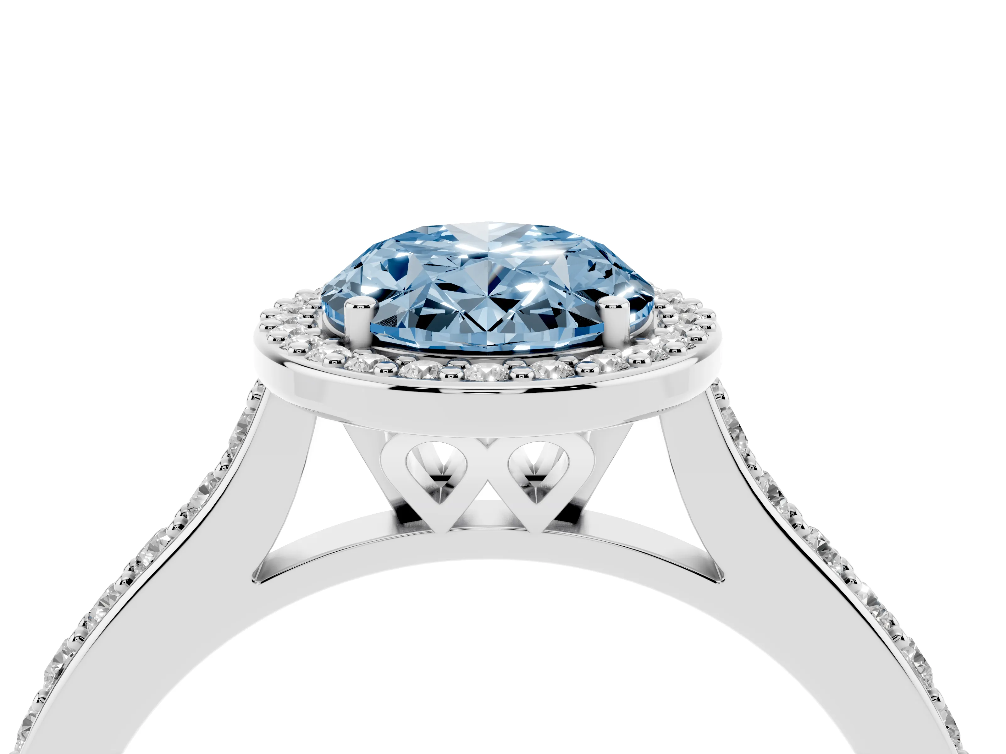Fancy Blue Oval Cut Diamond Halo Engagement Ring Set in White gold with Round Pavé Shoulders and Heart Gallery