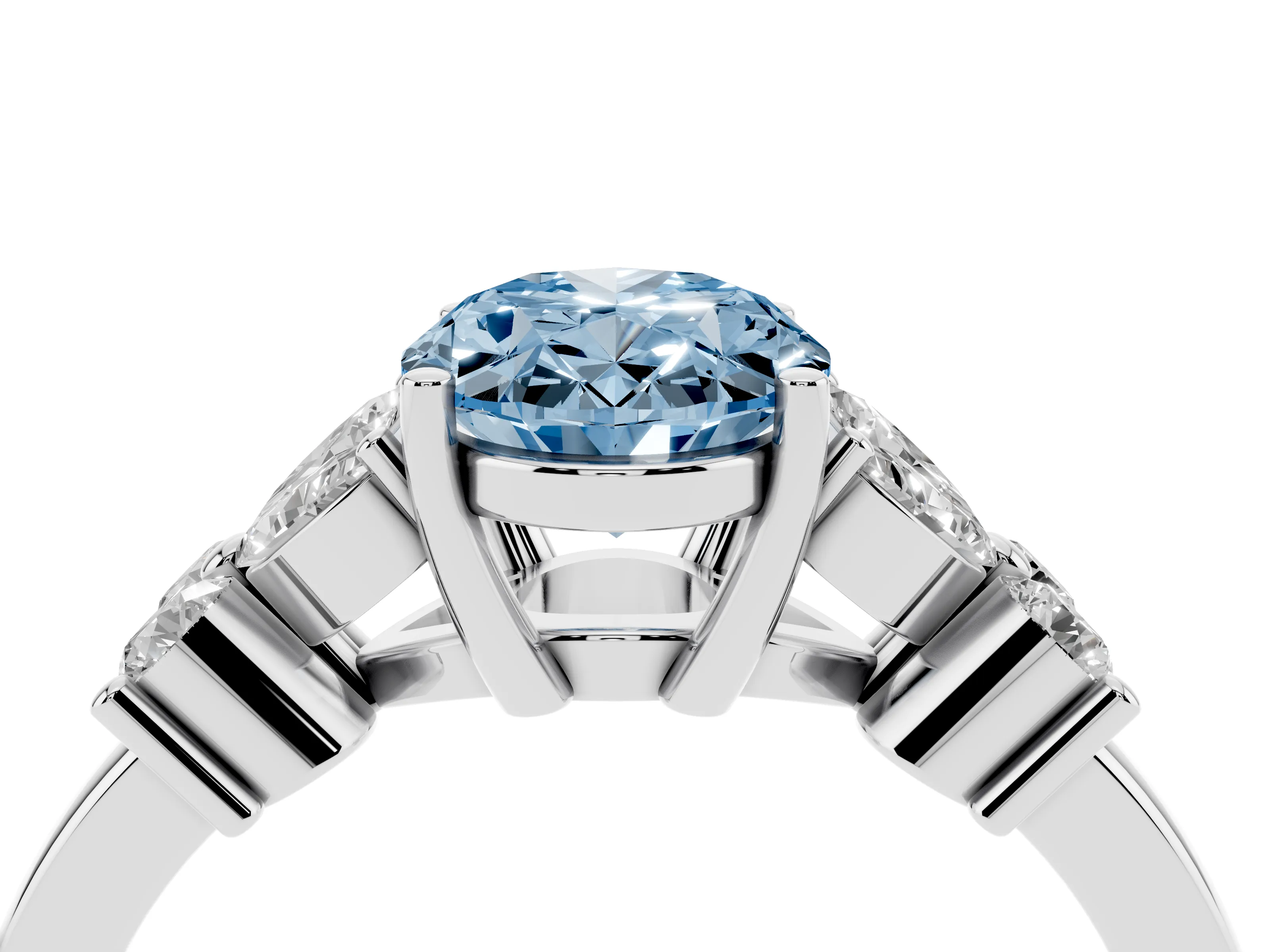 Fancy Blue Oval Cut Diamond Floral Cluster Ring Set in Platinum with Marquise Petals and Prong Setting