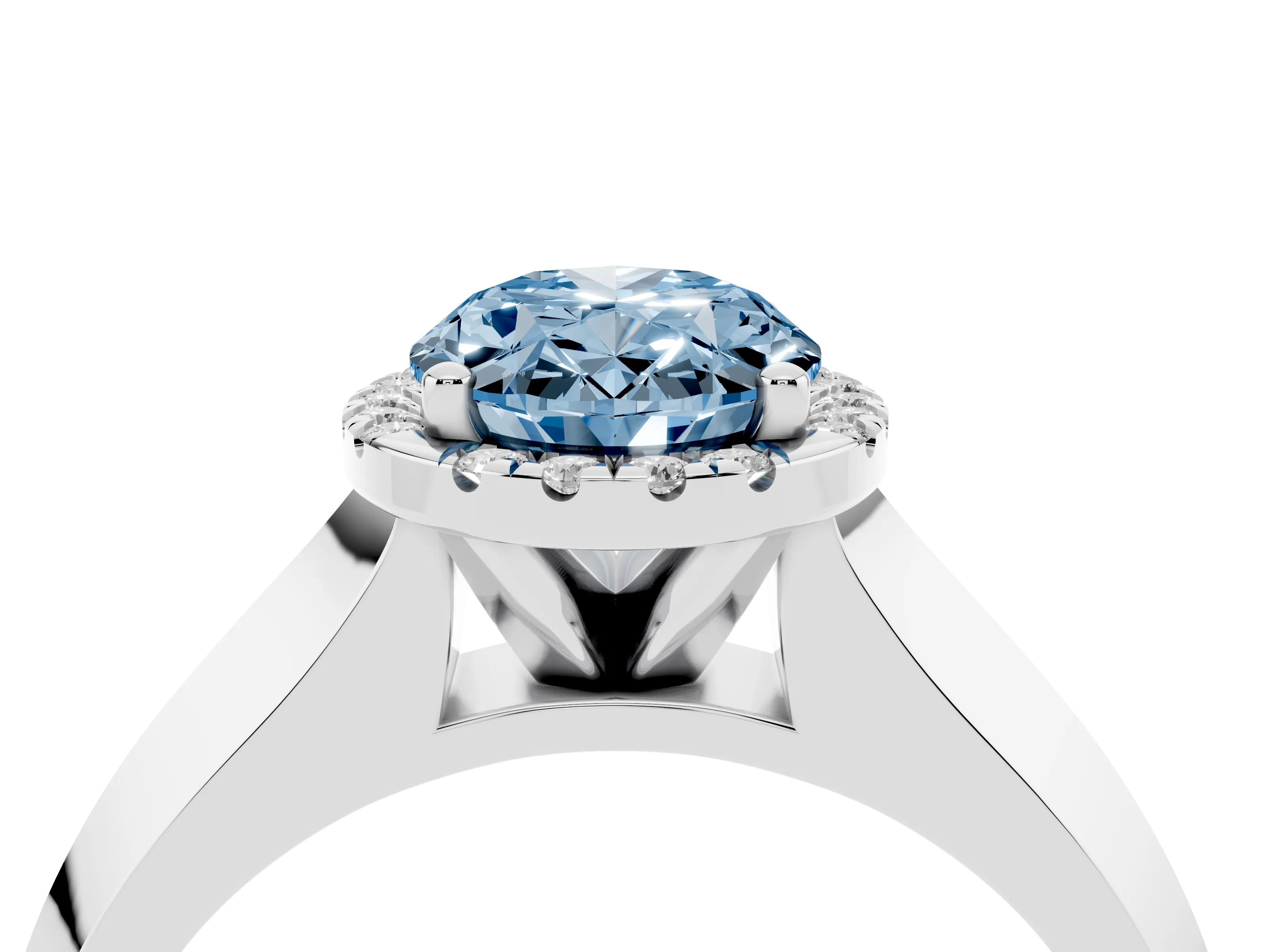 Fancy Blue Oval Cut Diamond Halo Ring Set in White gold with Cathedral Band and Prong Setting
