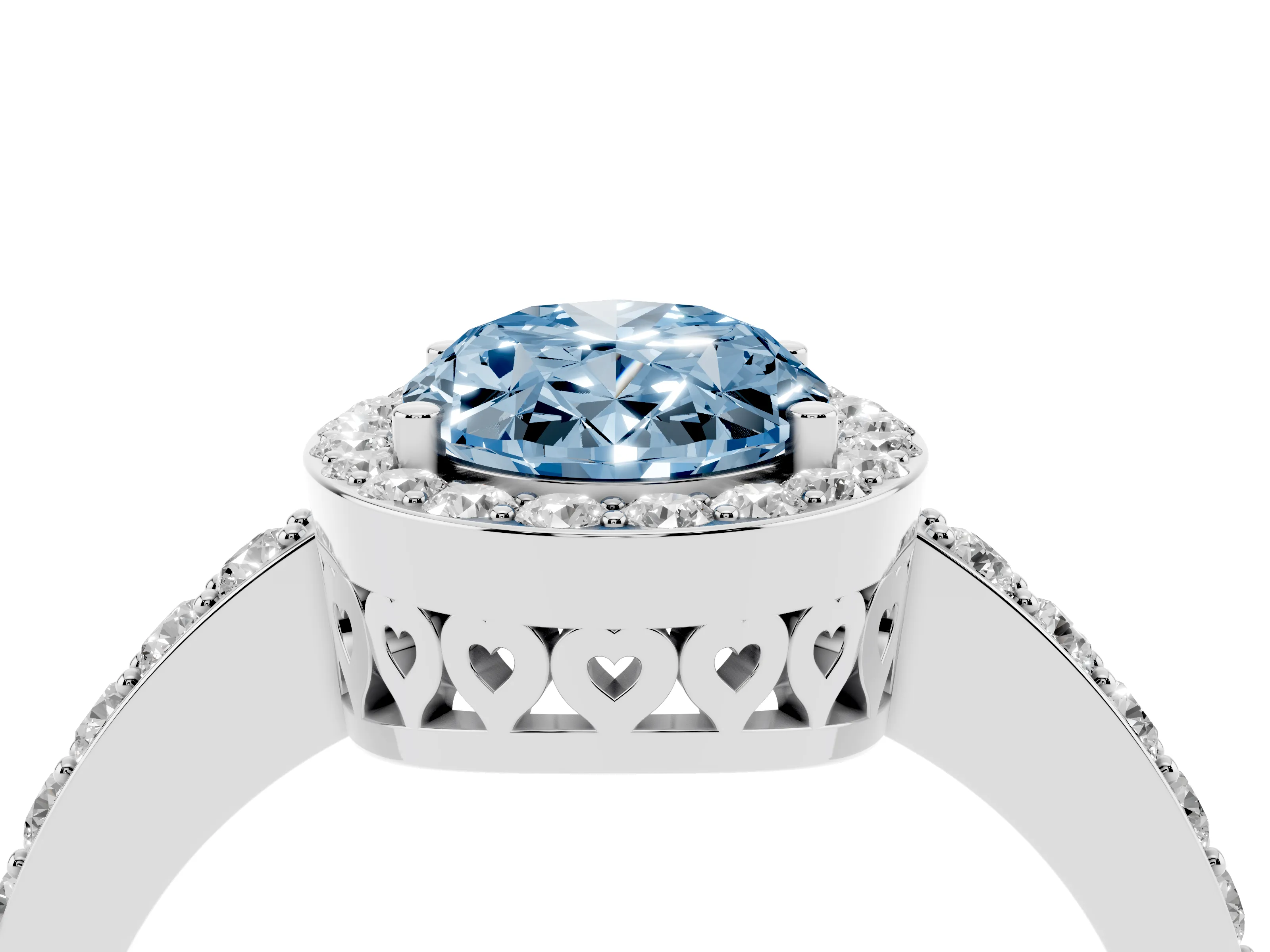 Fancy Blue Oval Cut Diamond Halo Ring Set in Silver with Pavé-Setting Band and Open Prong Center