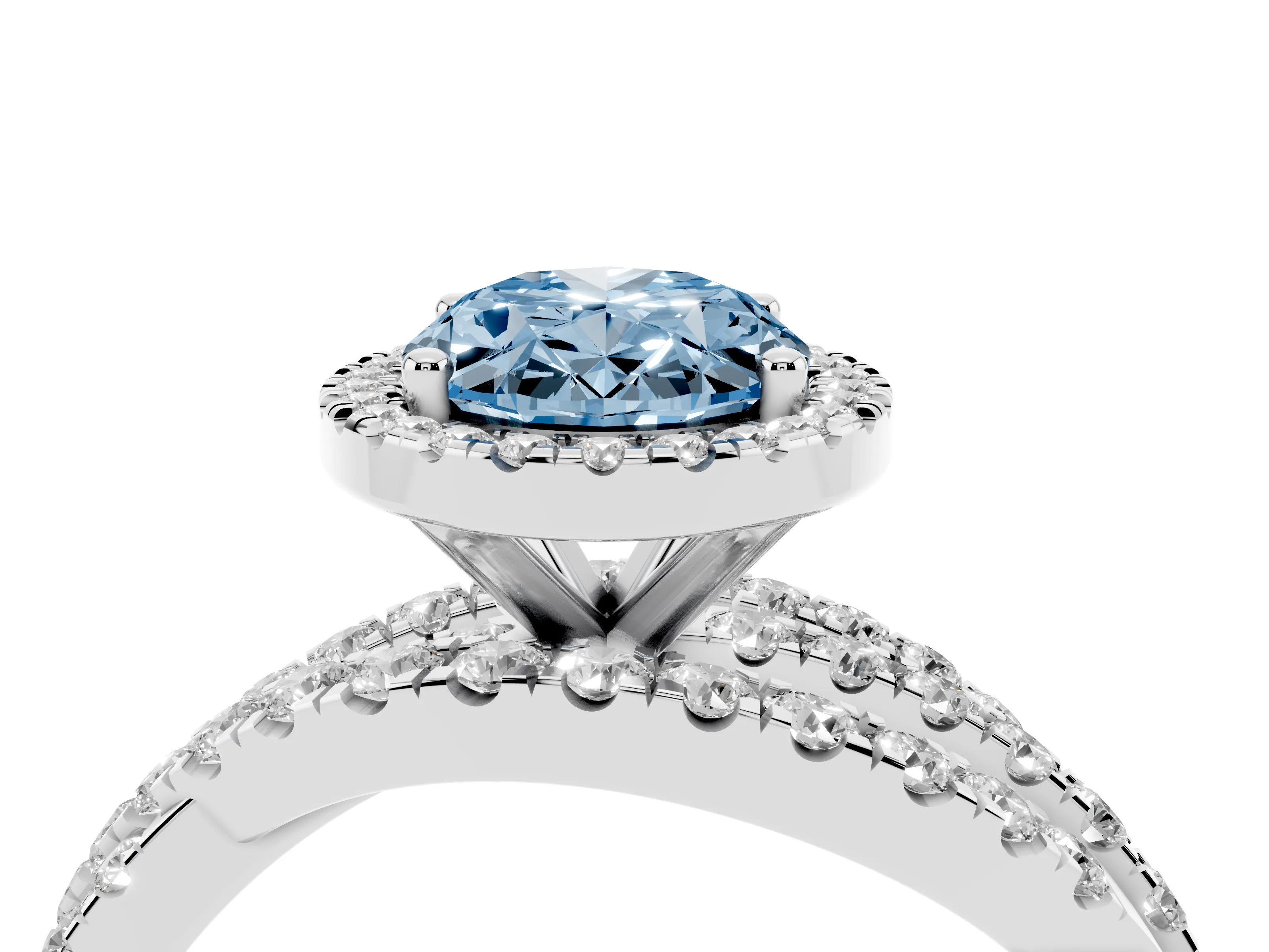 Fancy Blue Oval Cut Diamond Halo Ring Set in Platinum with Round Crossover Split Shank and Prong Setting