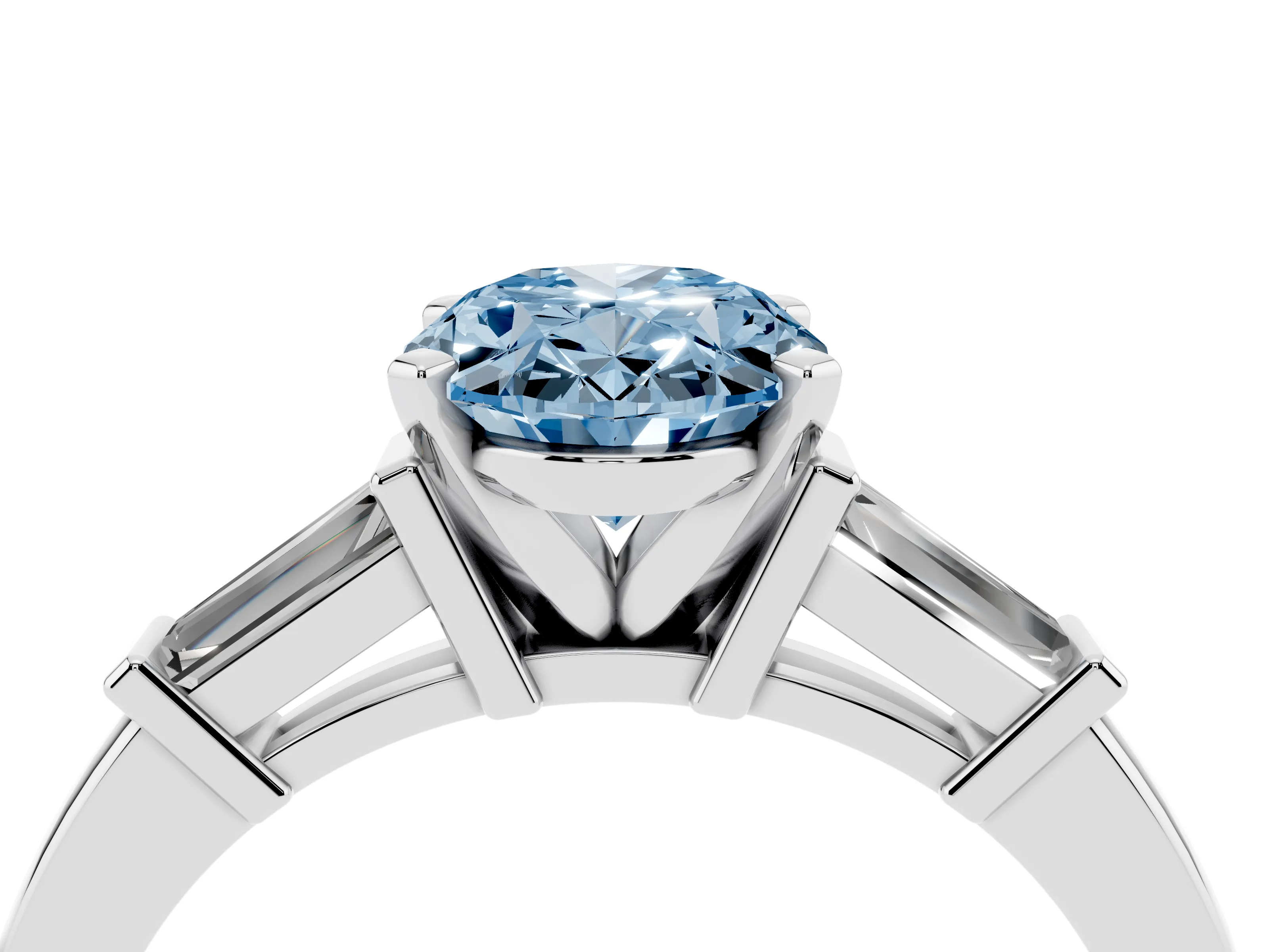 Fancy Blue Oval Cut Diamond Solitaire Ring Set in White gold with Tapered Baguette Accents and Prong Setting