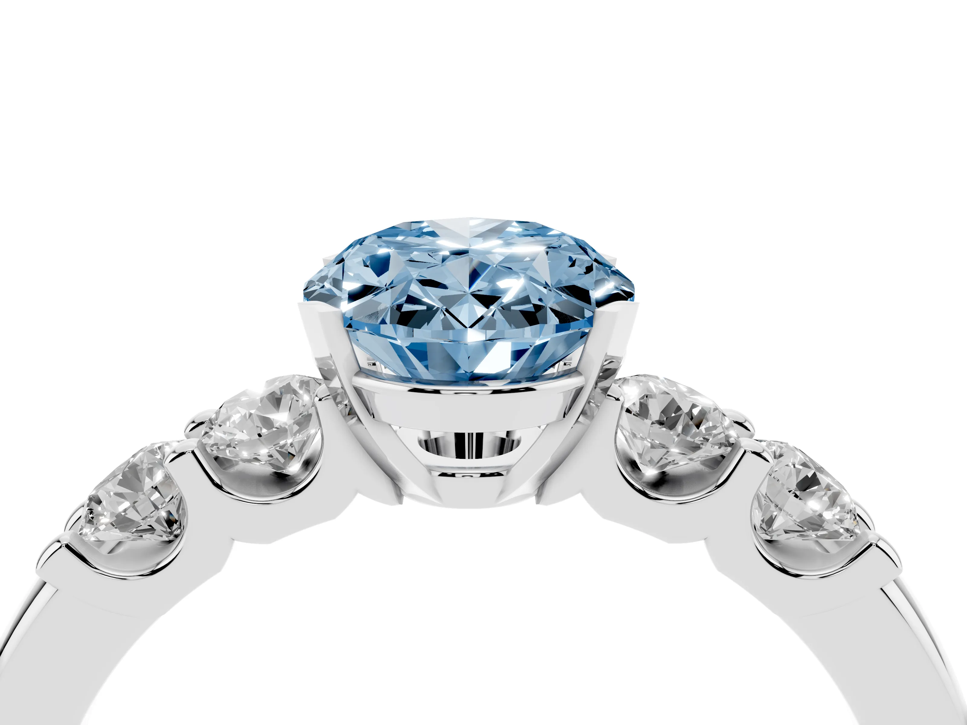 Fancy Blue Oval Cut Diamond Five-Stone Prong Set Engagement Ring Set in Silver with Channel Band