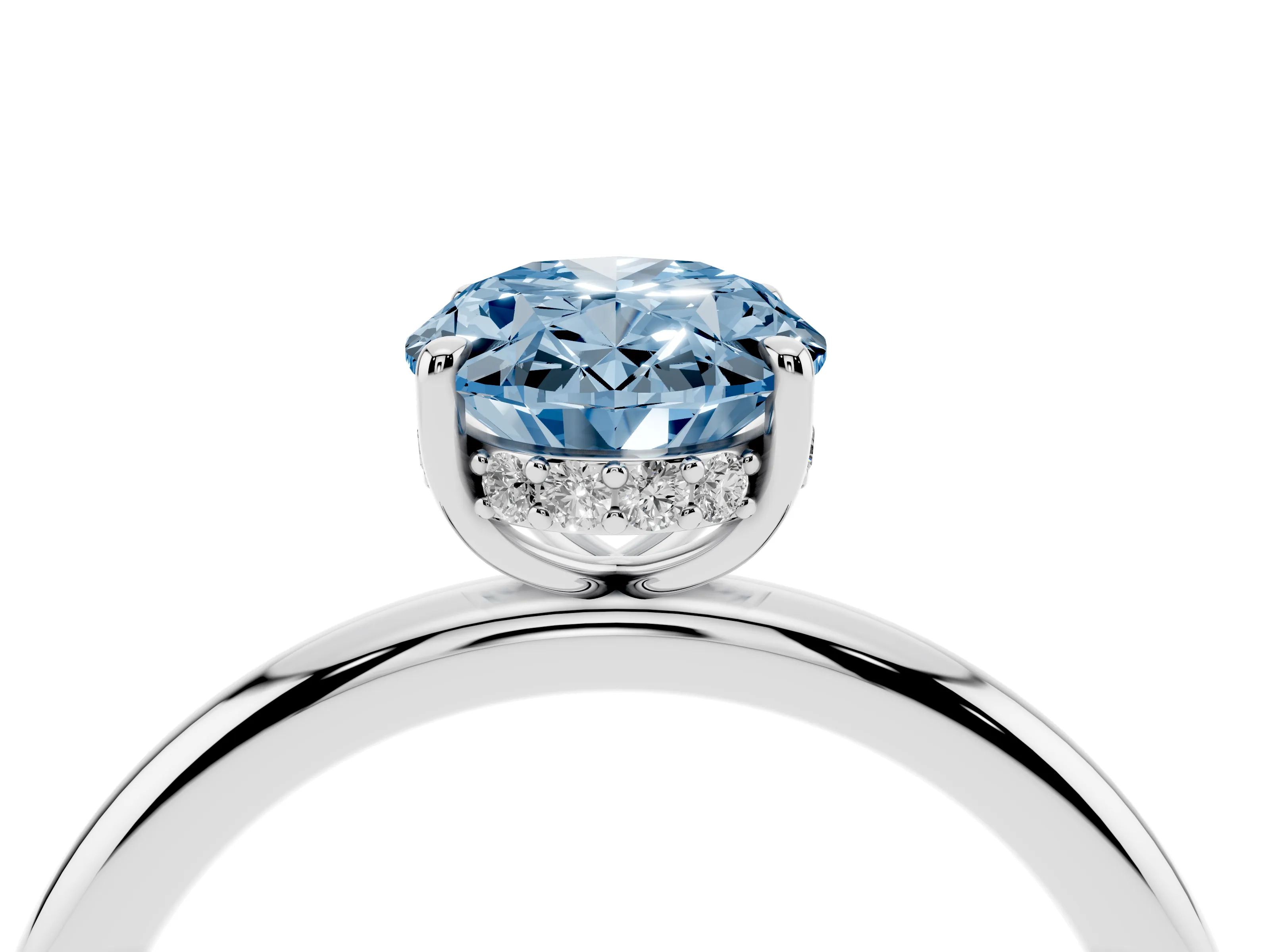 Fancy Blue Oval Cut Diamond Solitaire Ring Set in White gold with Thin Band and Prong Setting
