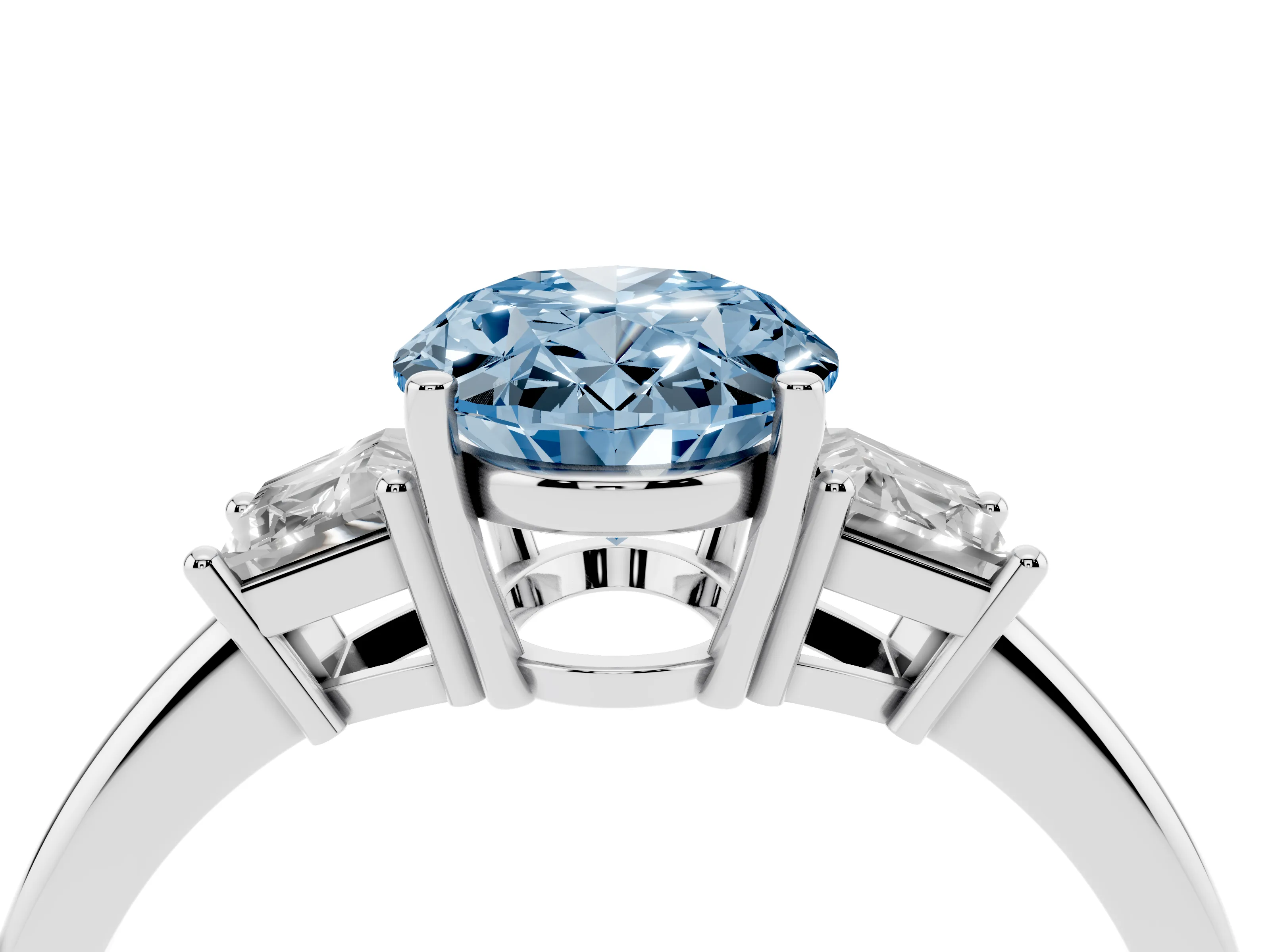 Fancy Blue Oval Cut Diamond Three-Stone Ring Set in White gold with Trapezoid Side Stones and Prong Setting