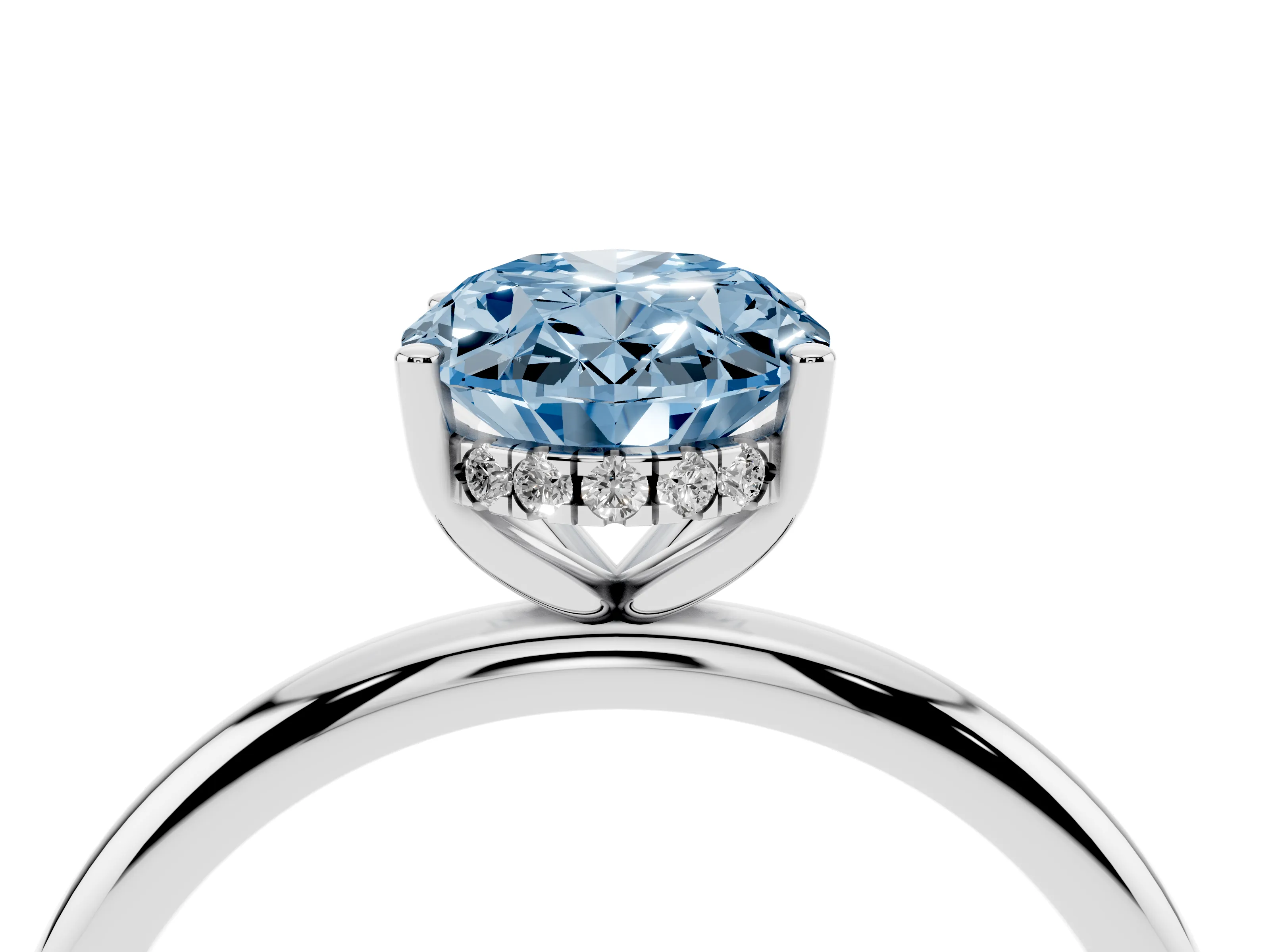 Fancy Blue Oval Cut Diamond Solitaire Engagement Ring Set in Silver with Prong Setting and Polished Band