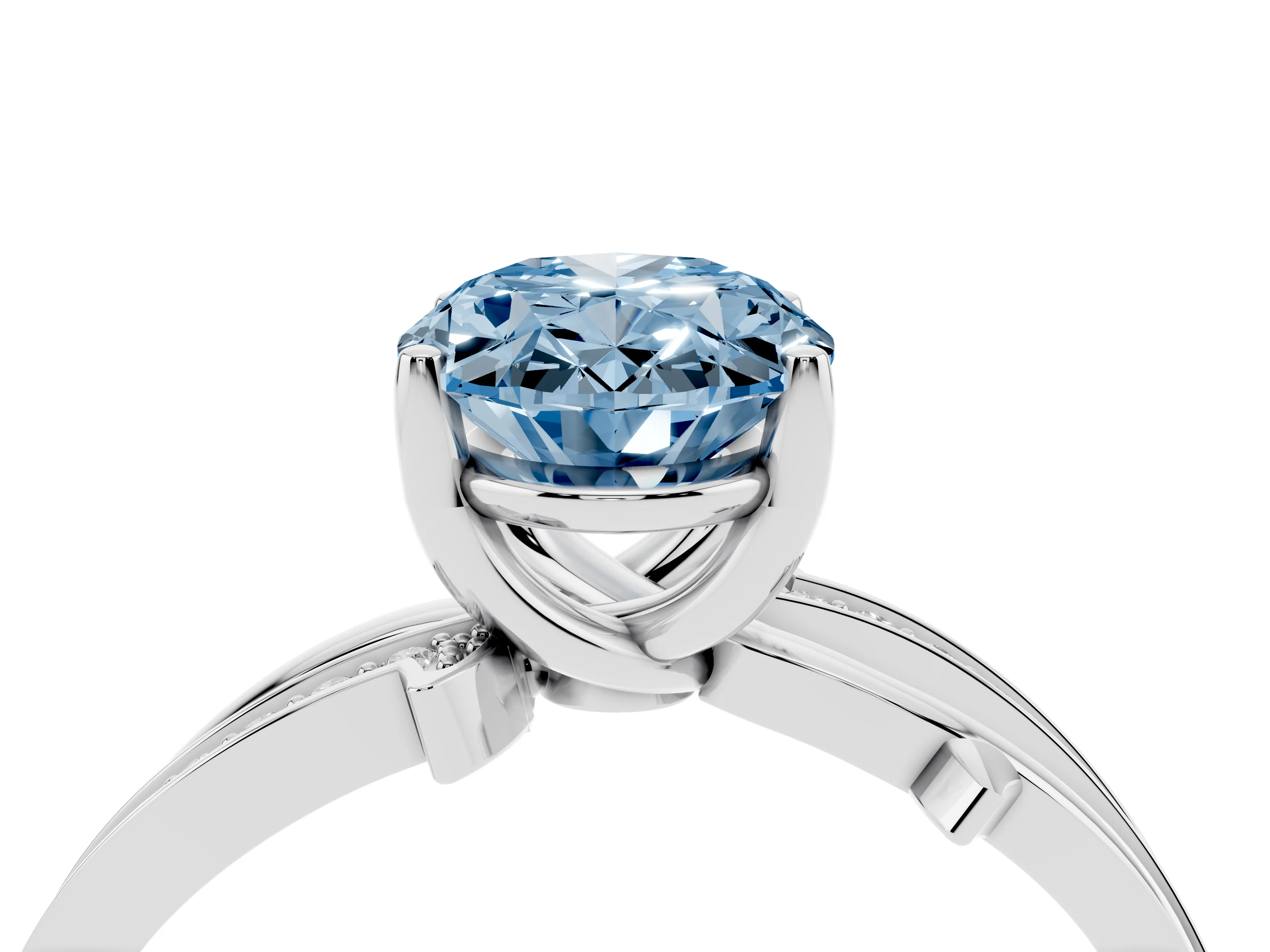 Fancy Blue Oval Cut Diamond Pavé Twist Band Solitaire Ring Set in White gold with Prong Setting